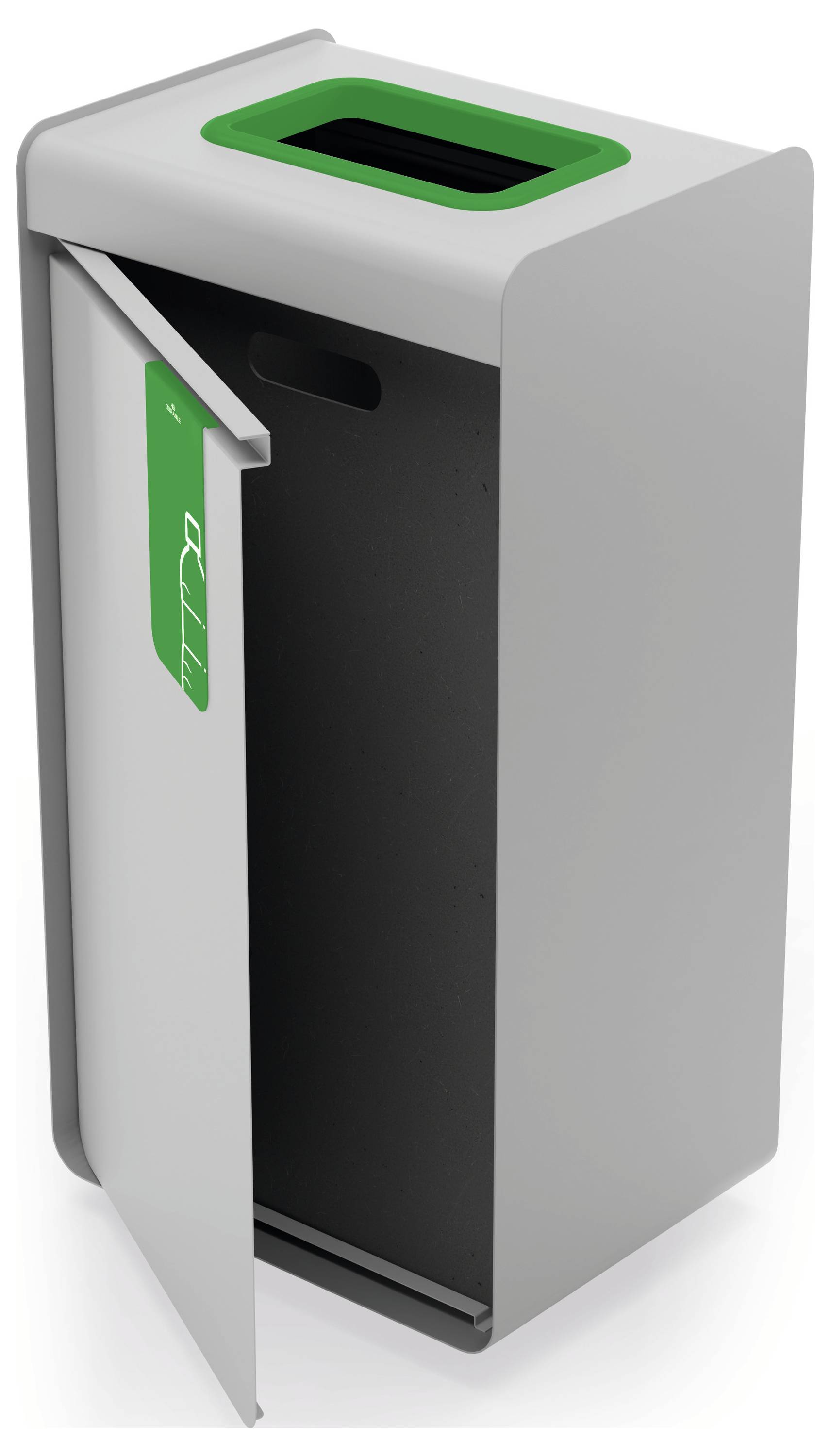 Eine graue Recyclingtonnen mit einem grünen Deckel und einem Schlitz zur Papierentsorgung, bei der die Vordertür geöffnet ist und das Innere sichtbar wird.