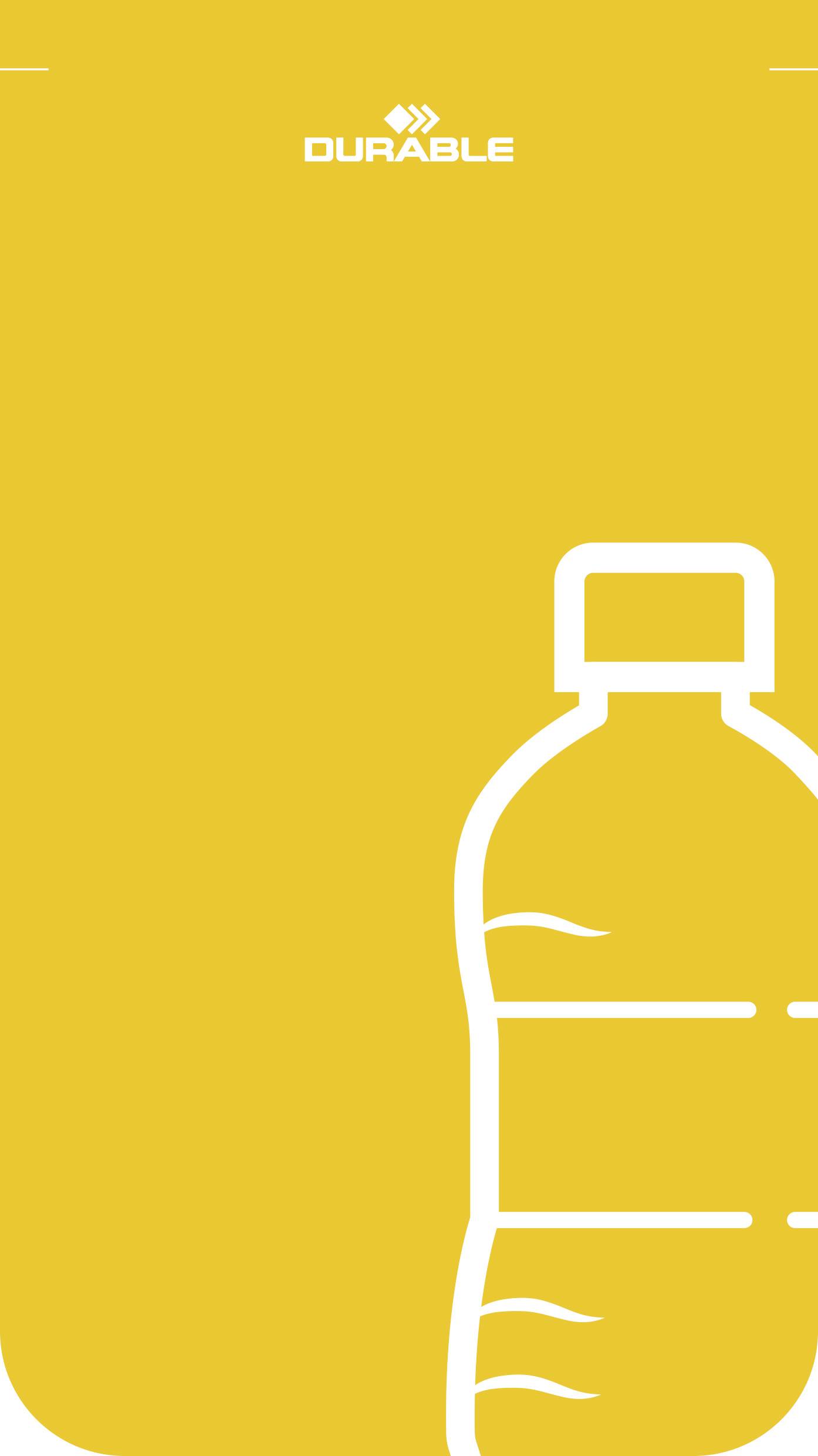 Gelber Hintergrund mit einer minimalistischen Umrisslinie einer Plastikflasche auf der rechten Seite. 'Durable' Logo oben.