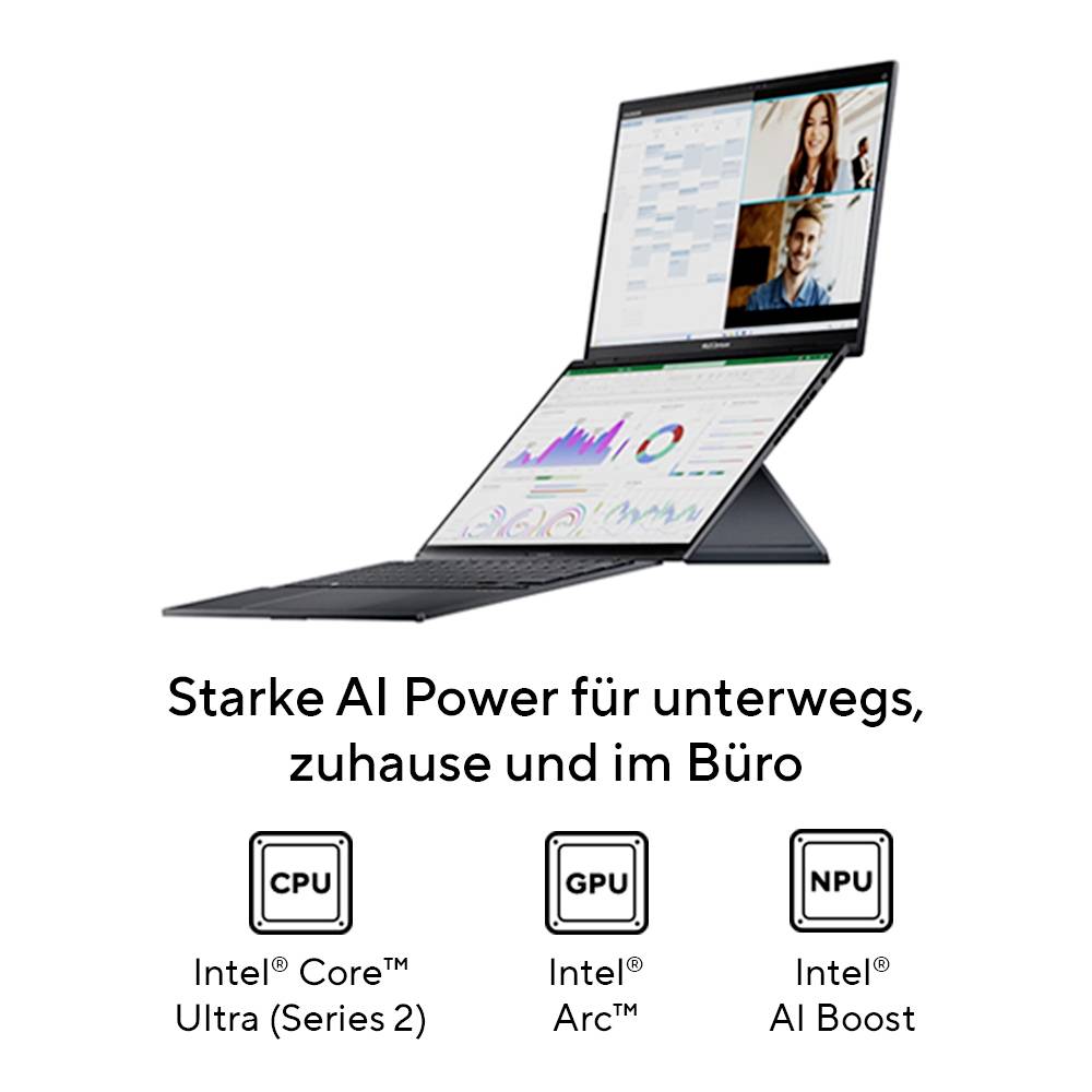 Ein Laptop mit zwei Bildschirmen zeigt Videokonferenz und Diagramme. Darunter stehen: 'Starke AI Power für unterwegs, zuhause und im Büro'. Symbole für CPU, GPU, NPU.