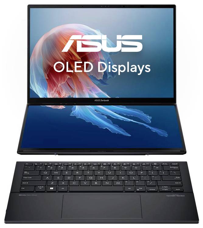 ASUS ZenBook mit zwei Bildschirmen, OLED-Display. Oberer Bildschirm zeigt 'ASUS OLED Displays' mit Quallenbild. Tastatur abgekoppelt.
