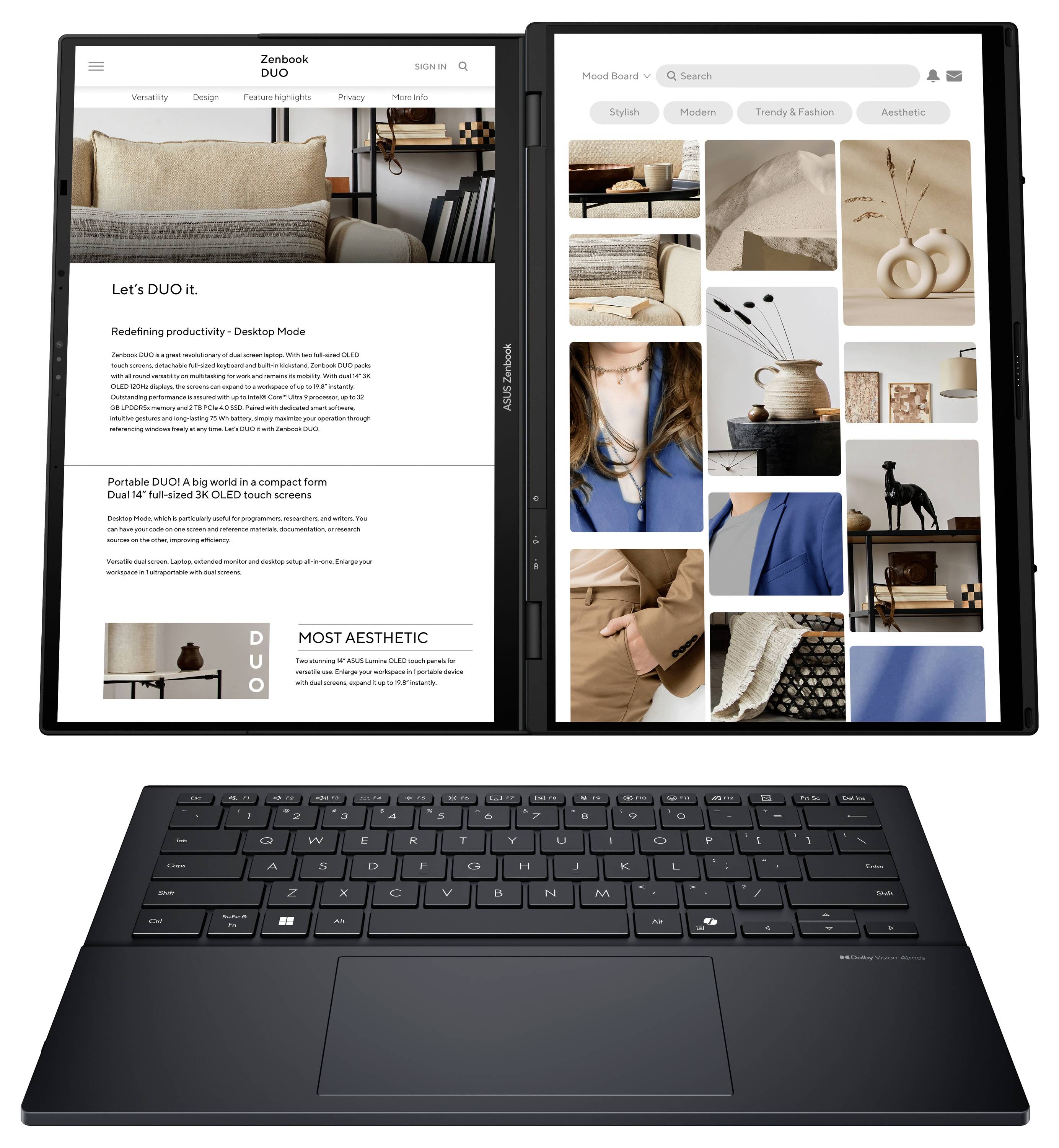 Ein Laptop mit zwei Bildschirmen, auf dem rechten Bildschirm eine Design-Pinnwand und auf dem linken Bildschirm ein Artikel mit dem Titel „Let's DUO it: Produktivität neu definieren - Desktop-Modus