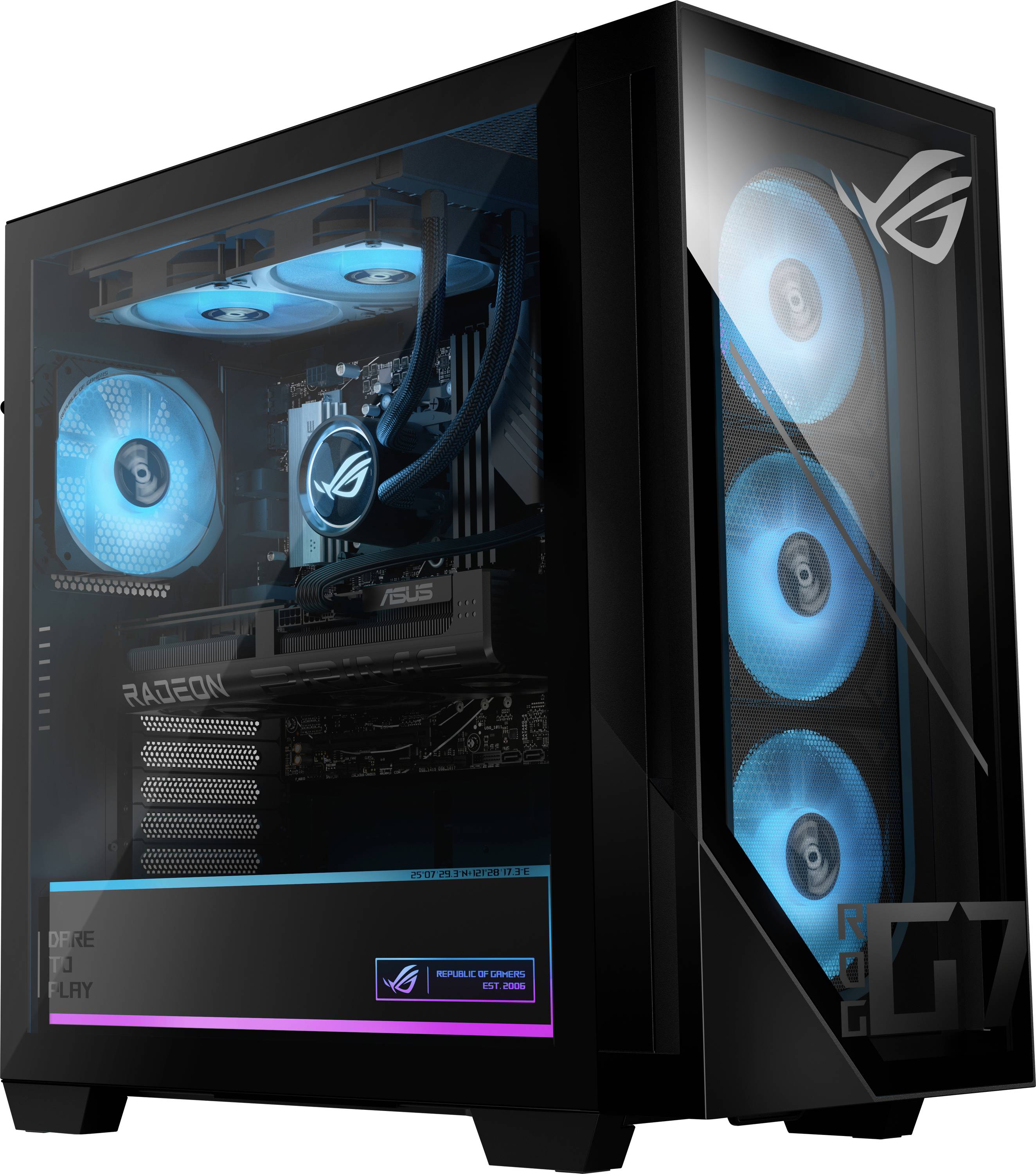 Ein schlanker Gaming-PC mit blauen LED-Kühlventilatoren, transparentem Seitenpanel, das die Innenkomponenten zeigt, und 'ROG'-Branding.