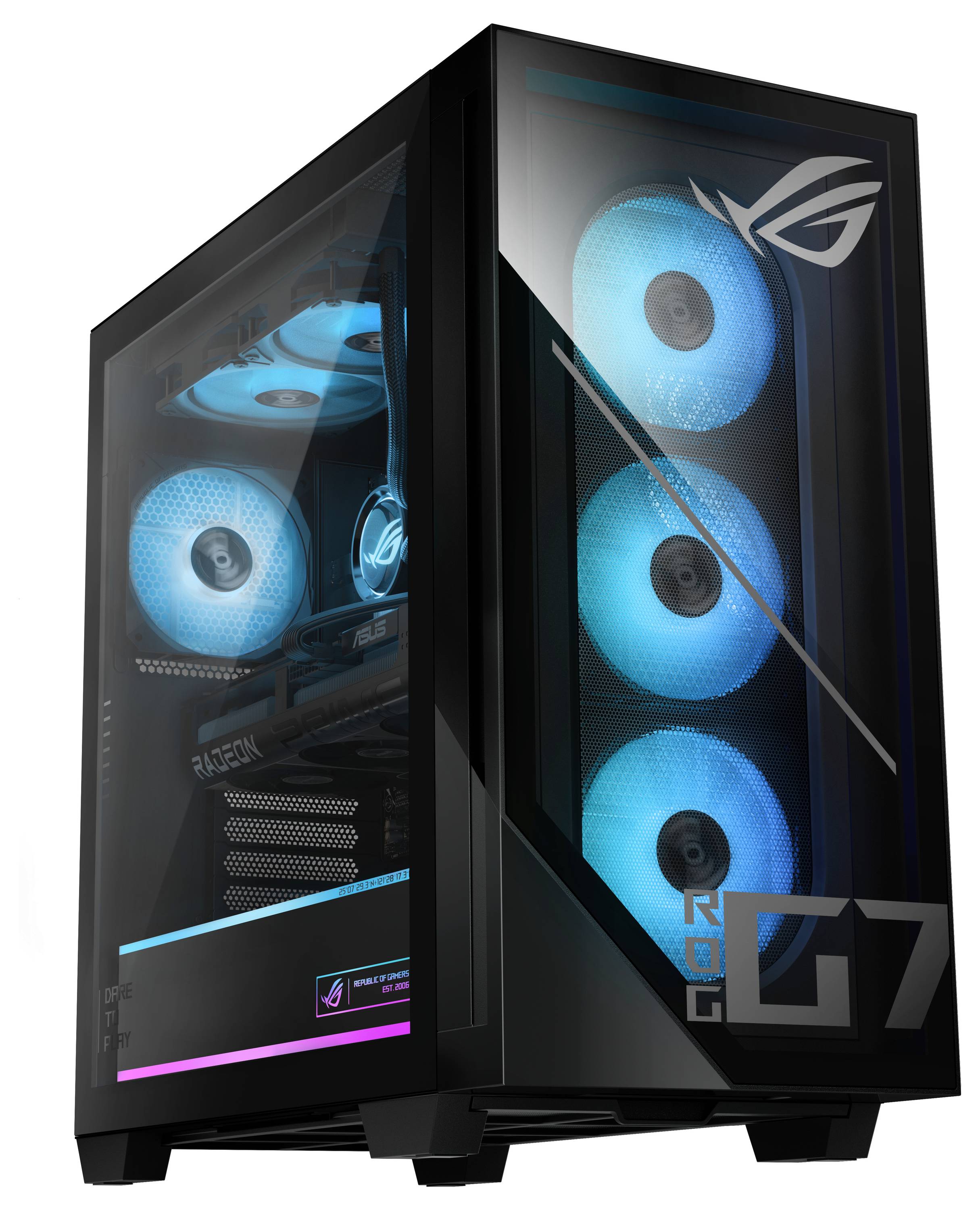 Gaming-Computer mit leuchtend blauen Kühlventilatoren und Seitenfenster aus Glas. Ausgestattet mit Markenlogo und elegantem, modernem Design.