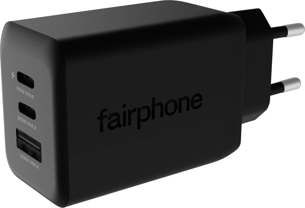 Ein schwarzes Fairphone-Ladegerät mit zwei USB-C-Anschlüssen, die mit „65W Max