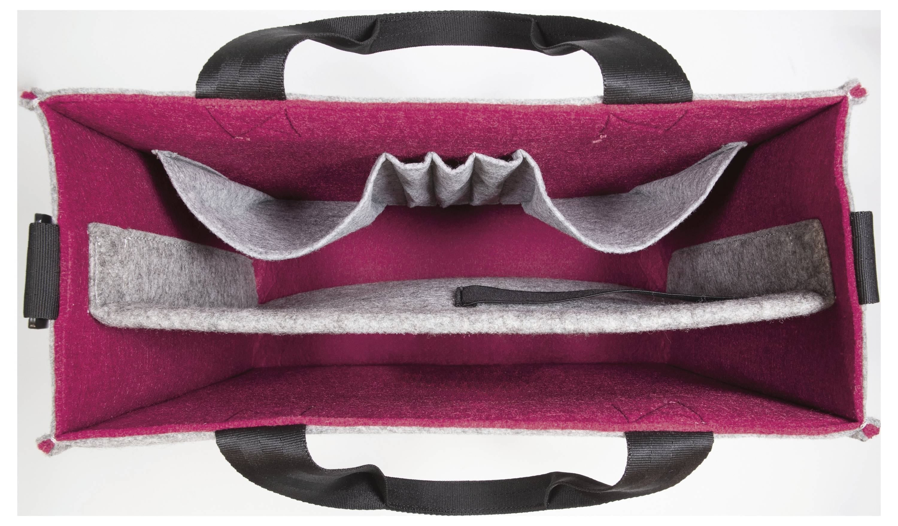 Draufsicht eines geöffneten, leeren rosa-grauen Filz-Organizers mit mehreren Taschen und schwarzen Griffen.