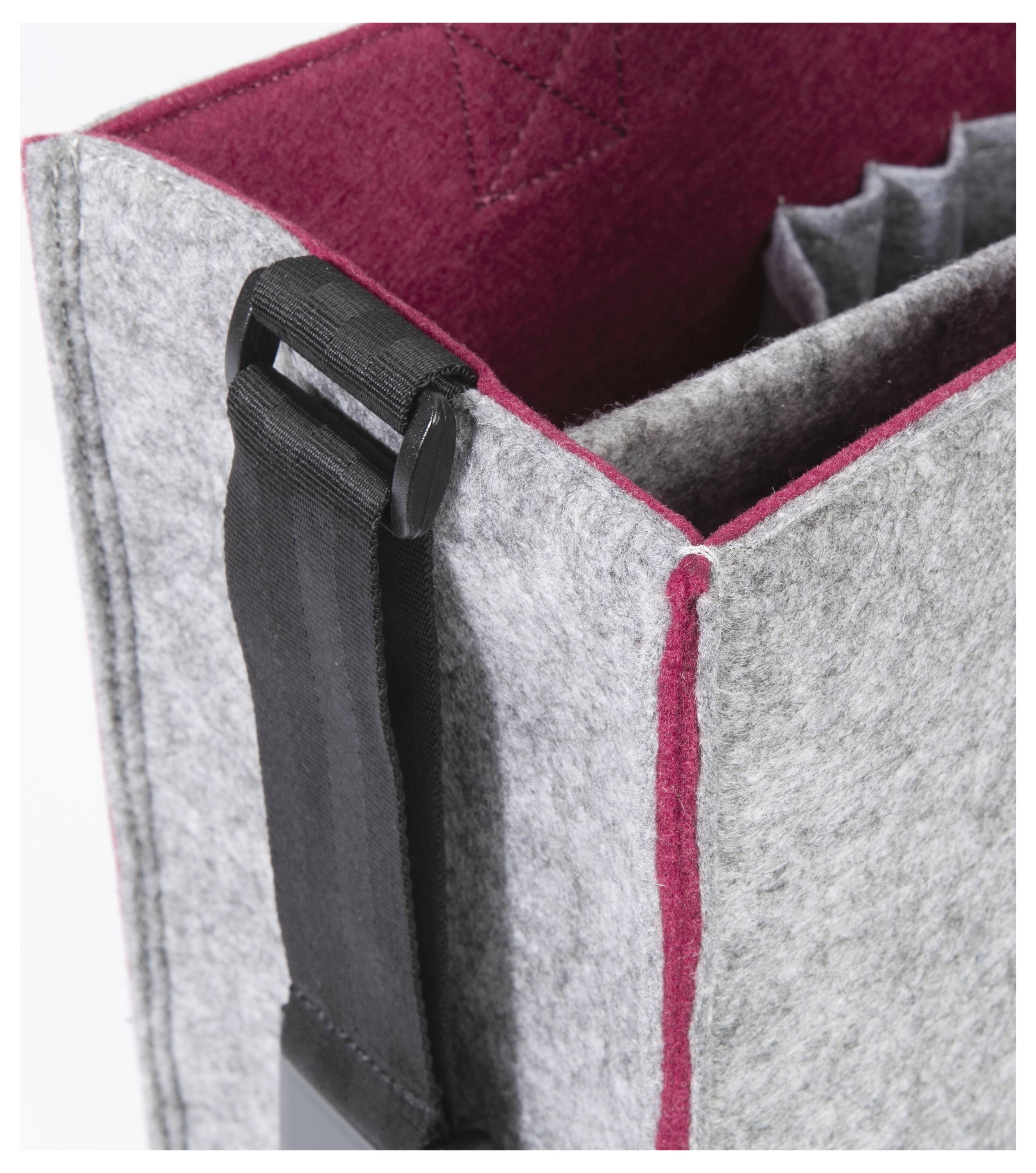 Graue Filztasche mit schwarzem Griff und rotem Innenfutter, ausgestattet mit internen Fachteiler zur Organisation.