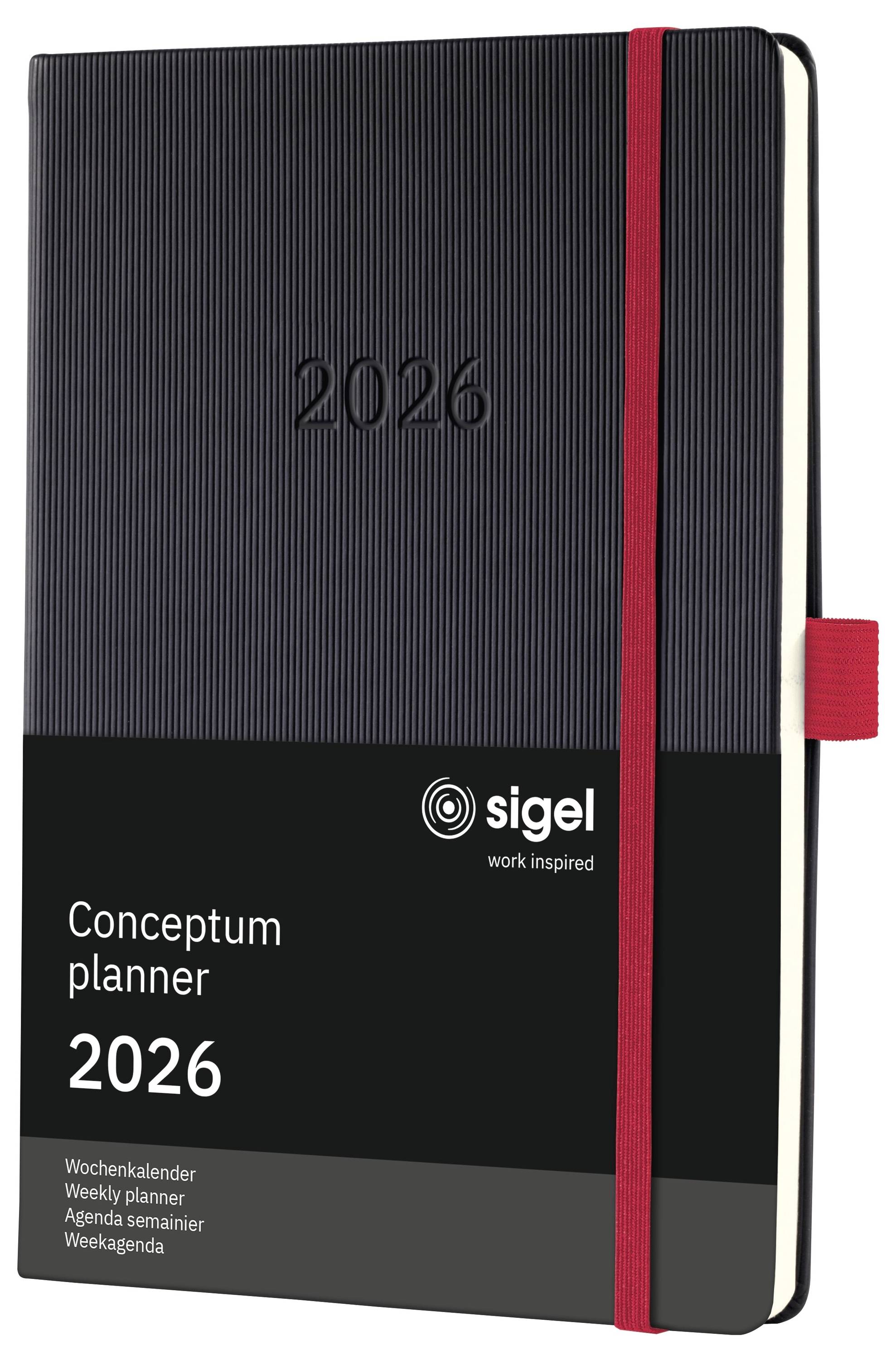 Schwarzer und roter spiralgebundener Planer für 2026 von Sigel, mit Wochenübersichtsseiten und elastischem Verschluss.