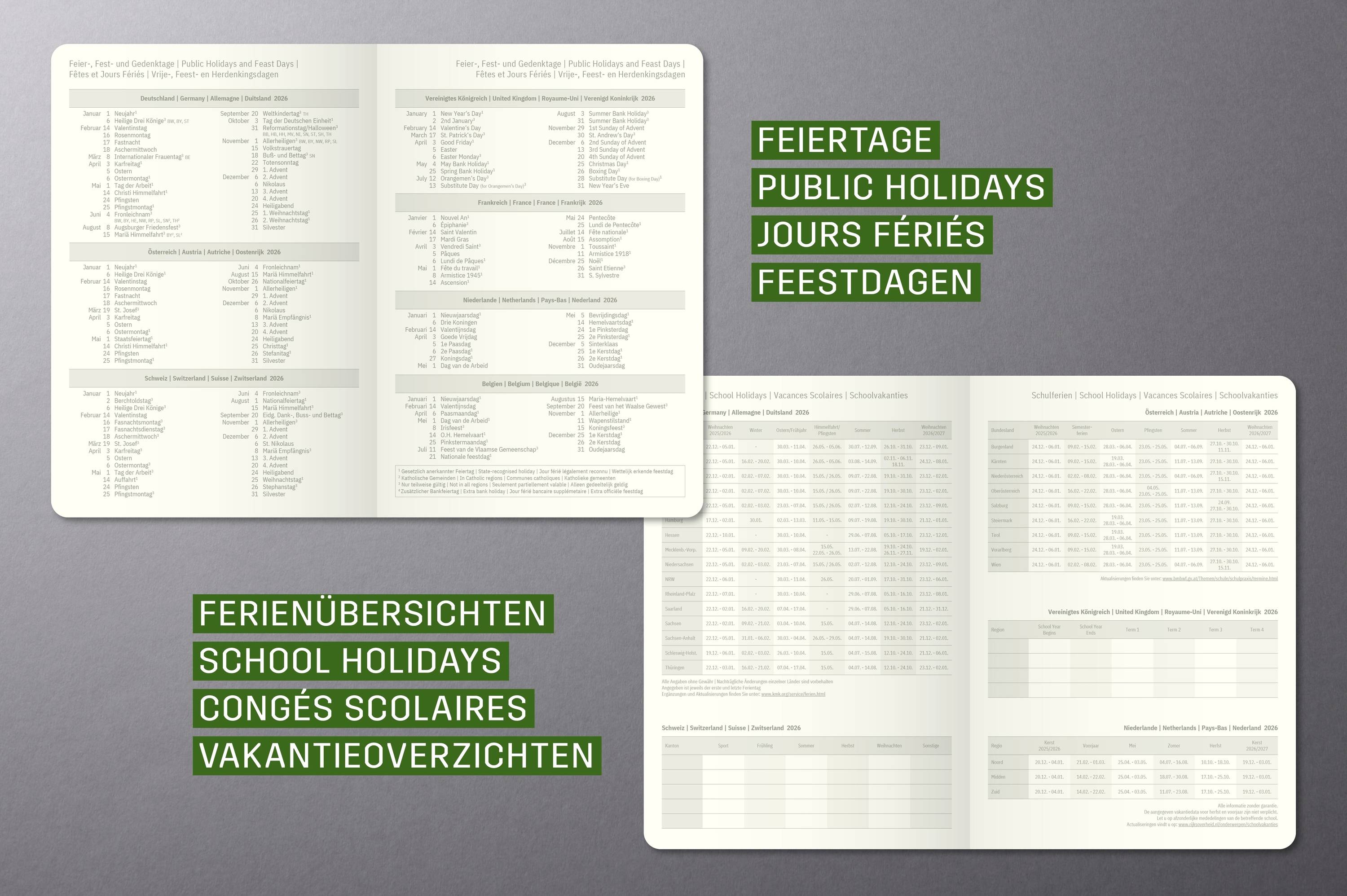 „Bild von zwei Dokumenten, die Feiertage in mehreren Sprachen auflisten, mit den Überschriften ‚Öffentliche Feiertage' und ‚Schulferien'.