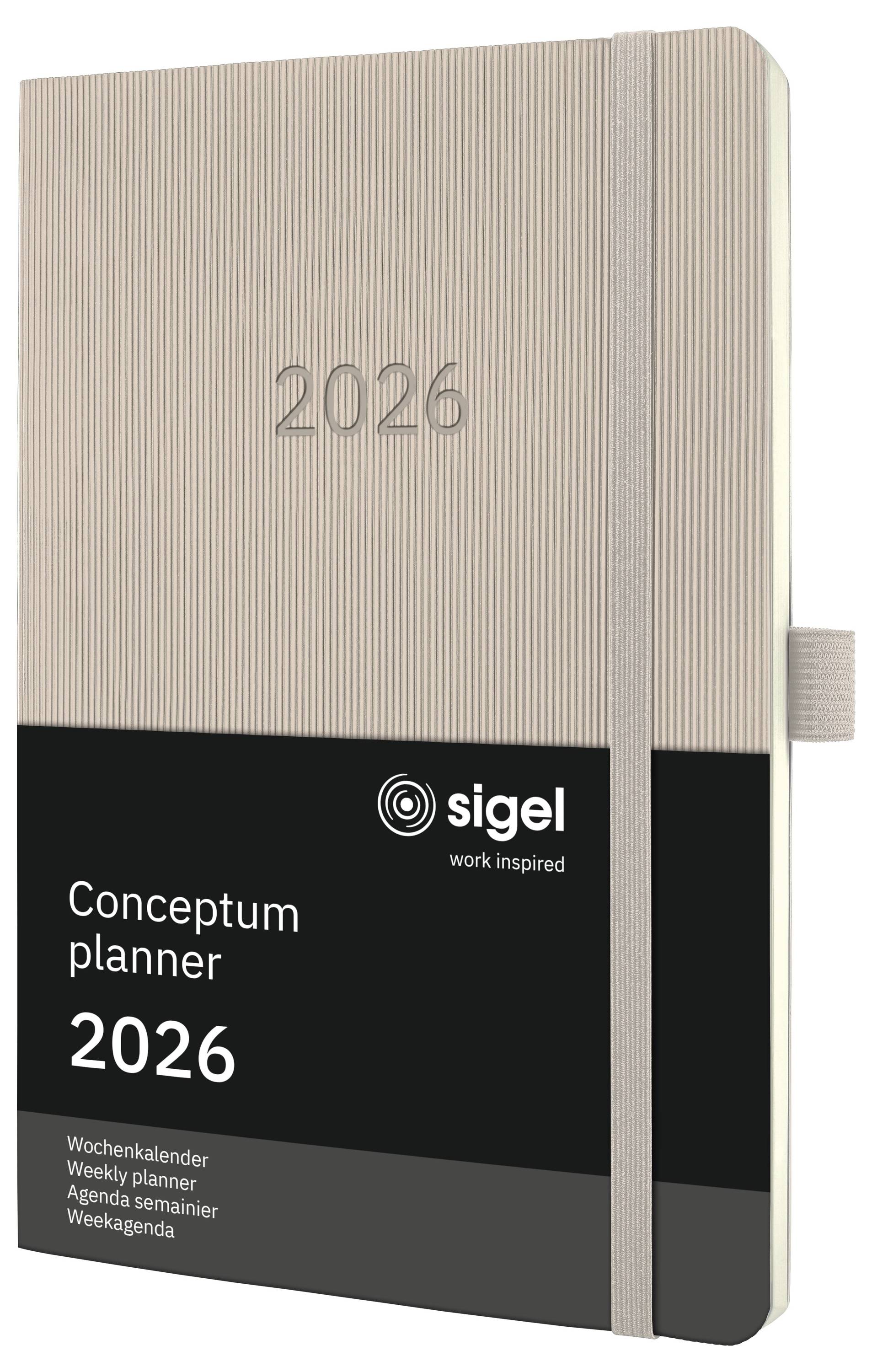 Beiger Planer 2026 mit vertikalen Streifen auf der Umschlagvorderseite; der Umschlag trägt die Aufschrift „Conceptum Planer 2026