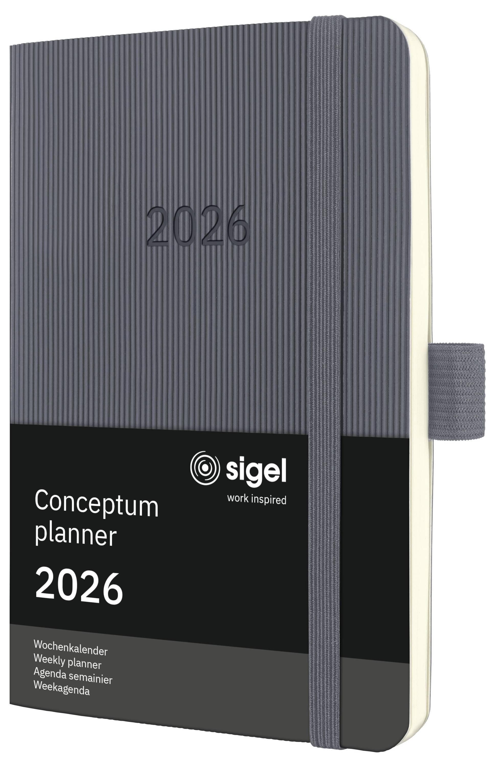 Grauer Conceptum Planer 2026 mit Gummizugband und 'sigel' Logo, im wöchentlichen Kalenderformat.