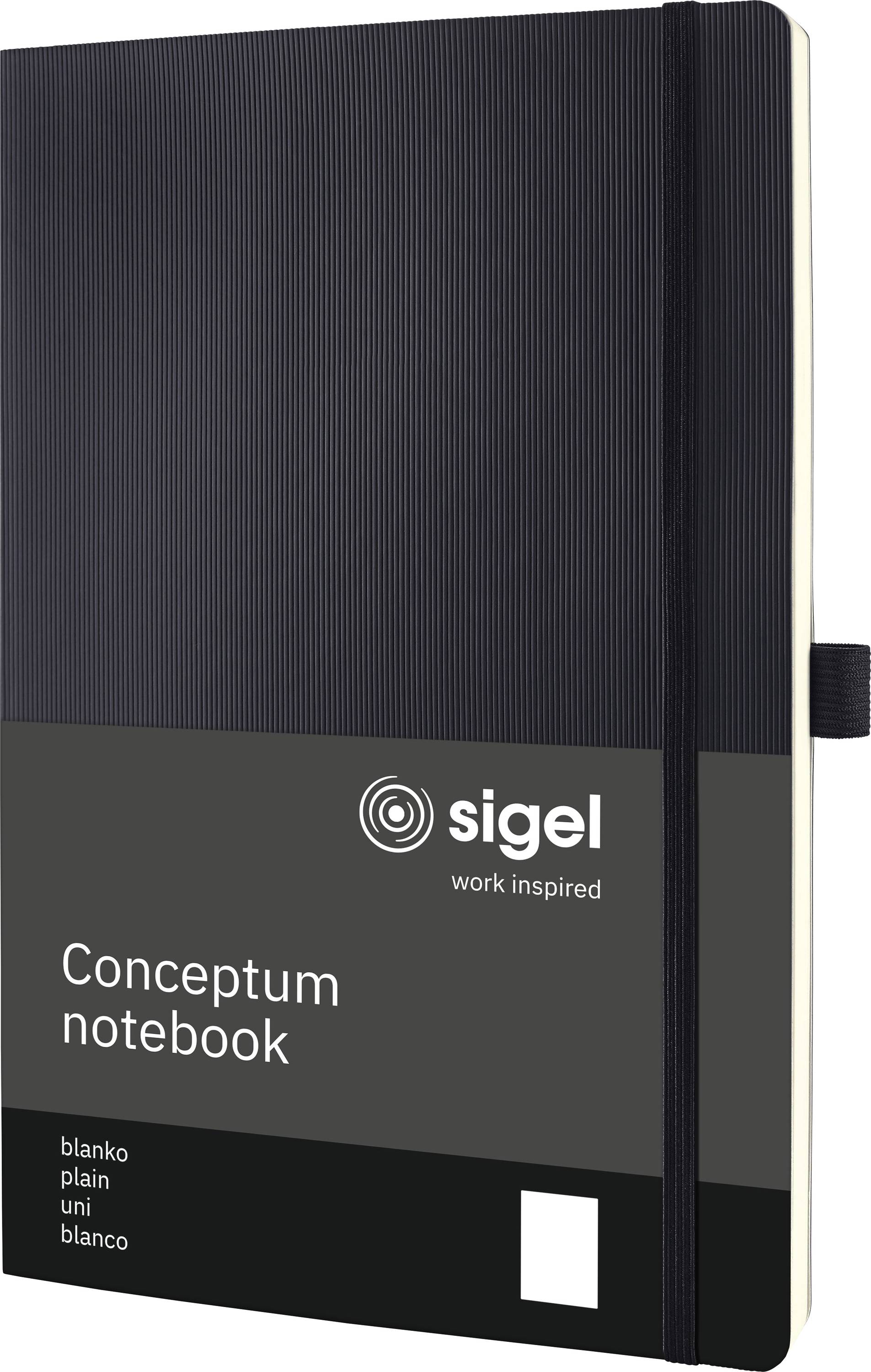 Ein schwarzes Sigel Conceptum Notizbuch mit einem Gummibandverschluss und Text auf dem Einband: ‚Conceptum Notizbuch - blanko, plain, uni, blanco'.