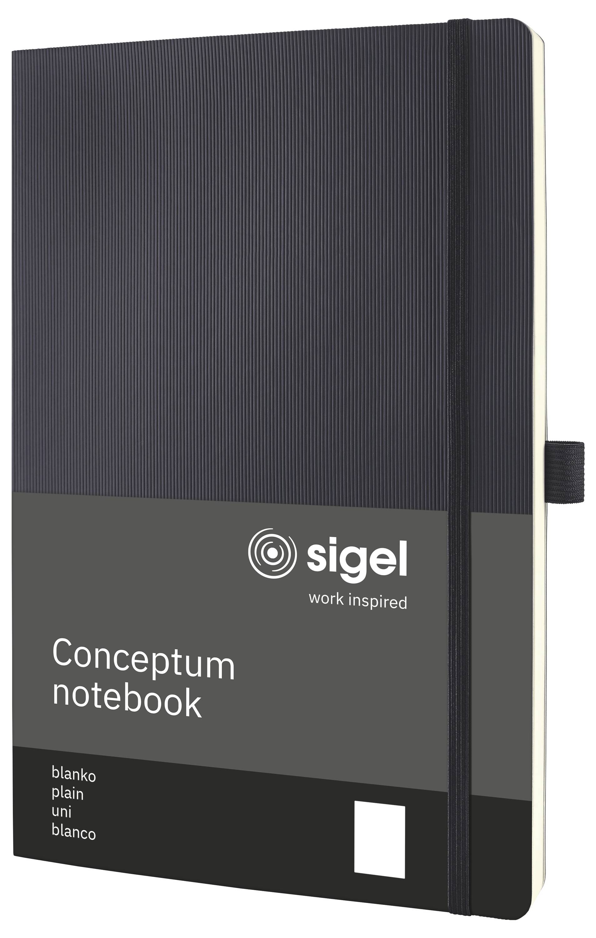 Schwarzes Sigel 'Conceptum Notizbuch' mit Verschlussriemen, dargestellt als Produktverpackung auf weißem Hintergrund.