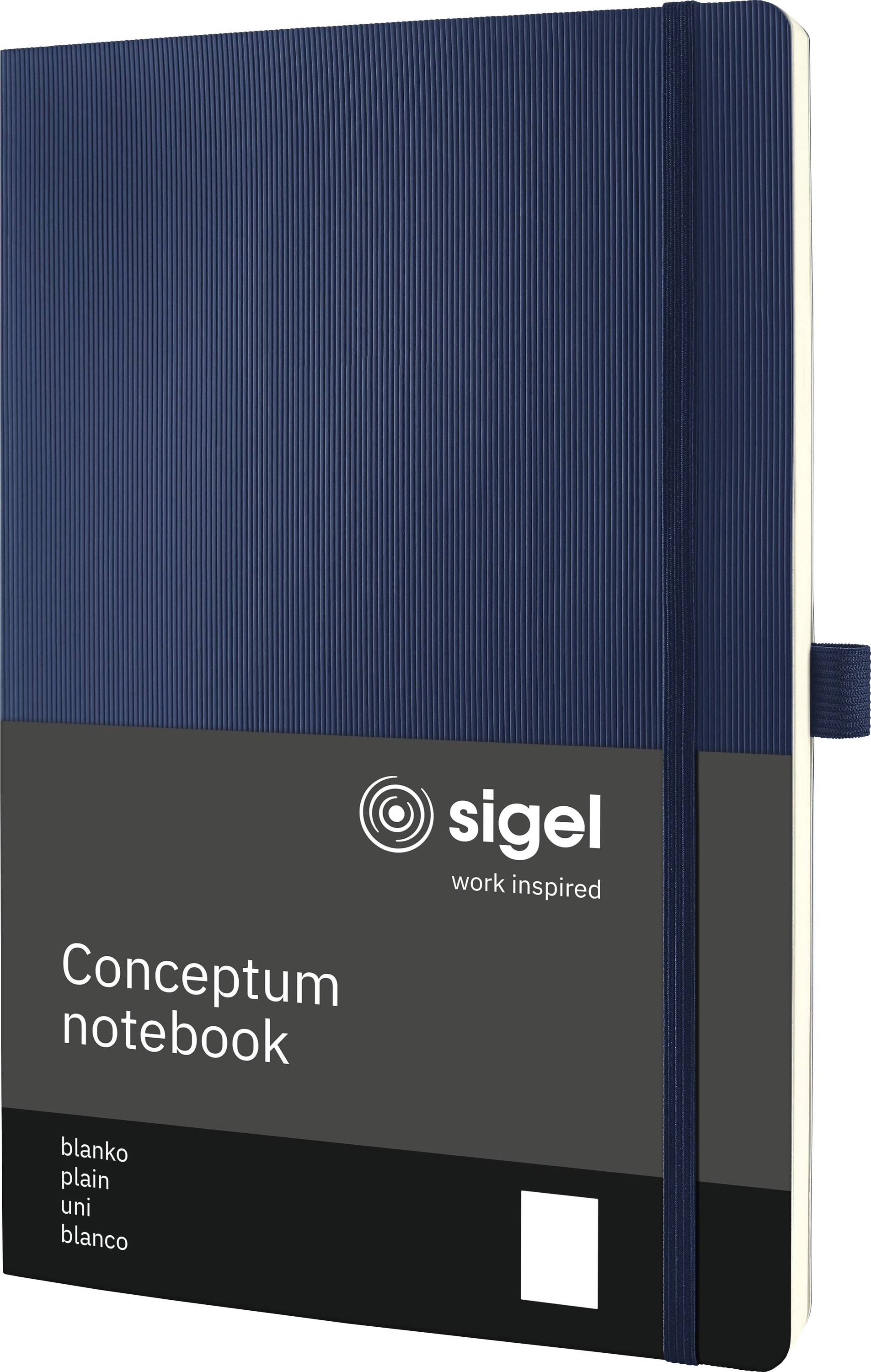 Ein blaues Sigel Conceptum Notizbuch mit einem Gummiverschluss, entwickelt für berufliche Inspiration.