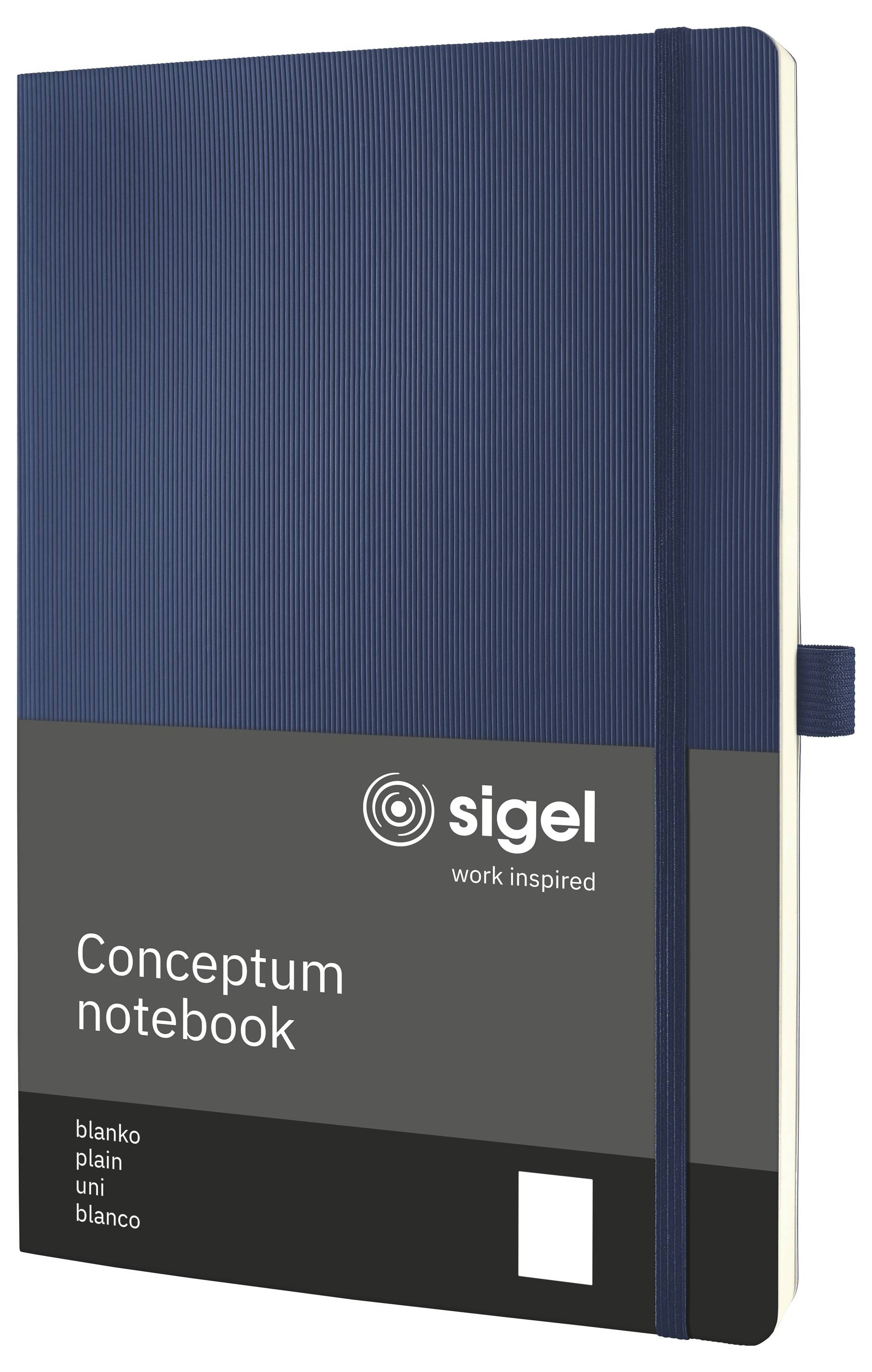 Blaues Sigel 'Conceptum Notizbuch' mit Lesezeichenband und blanken weißen Seiten, dargestellt als Produktpaketbild.