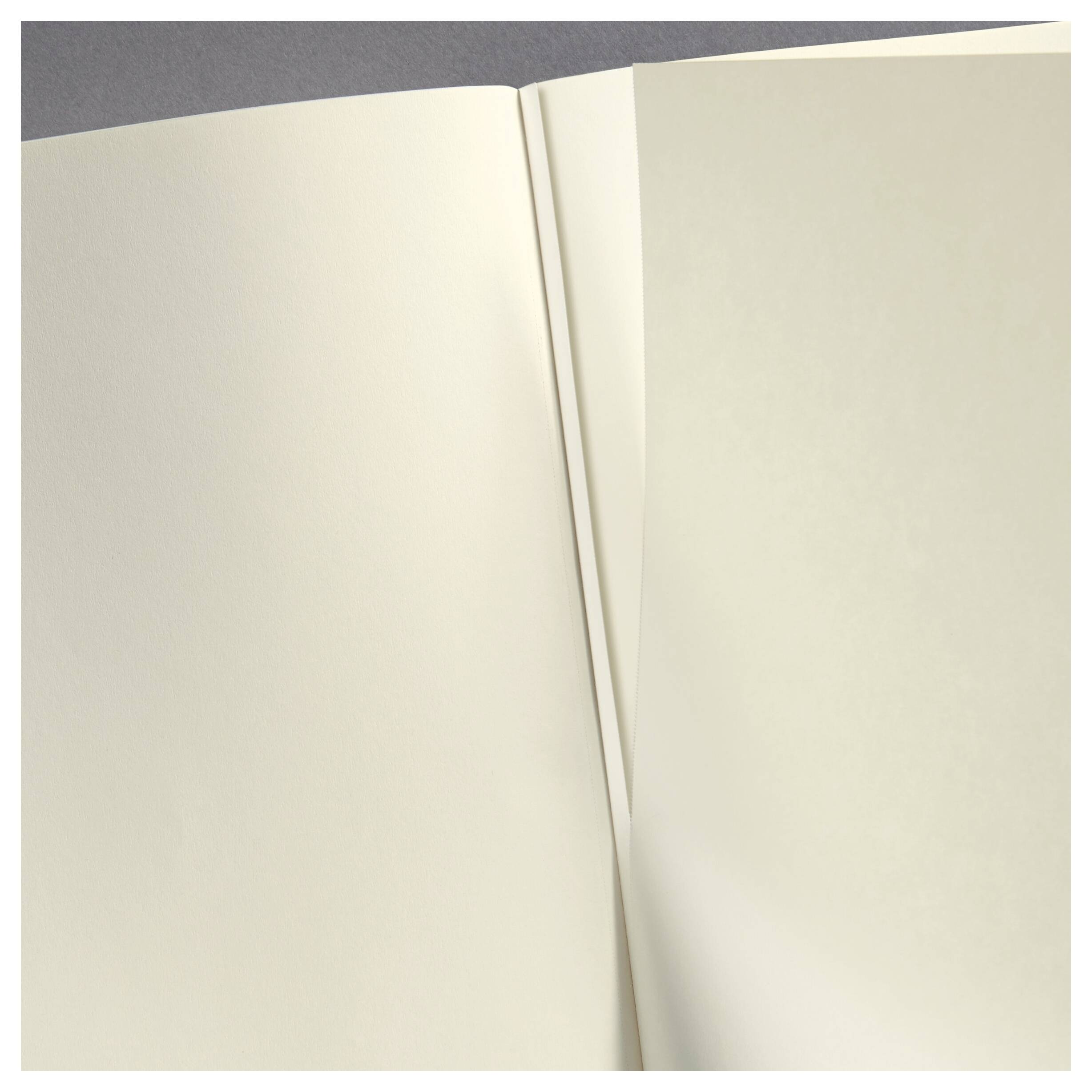 Ein offenes, leeres Notizbuch mit cremefarbenen Seiten.