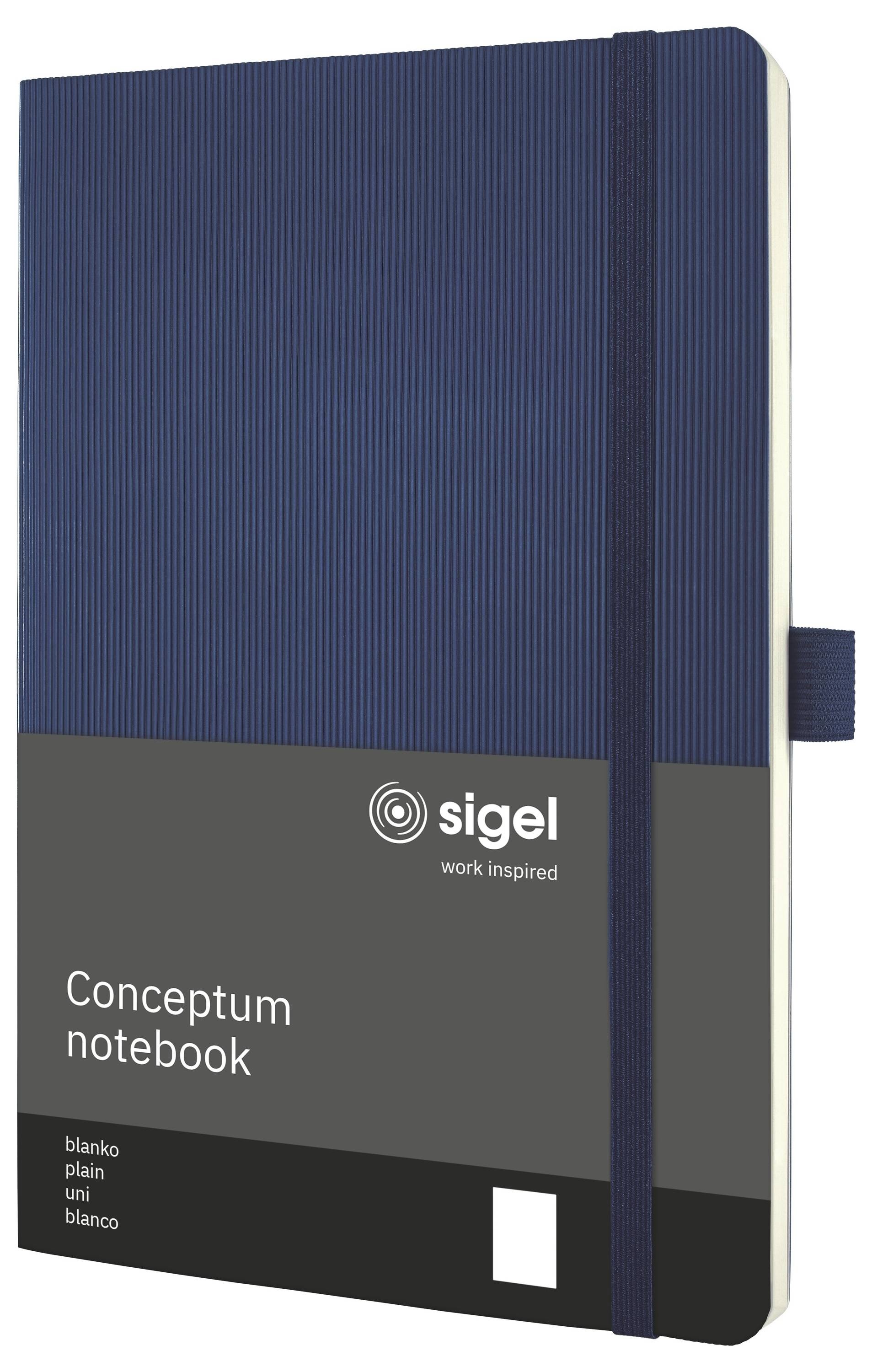 Dunkelblues Sigel Conceptum Notizbuch mit Gummizugschieber, dargestellt als Produktabbildung mit »conceptum notebook« auf dem Umschlag.