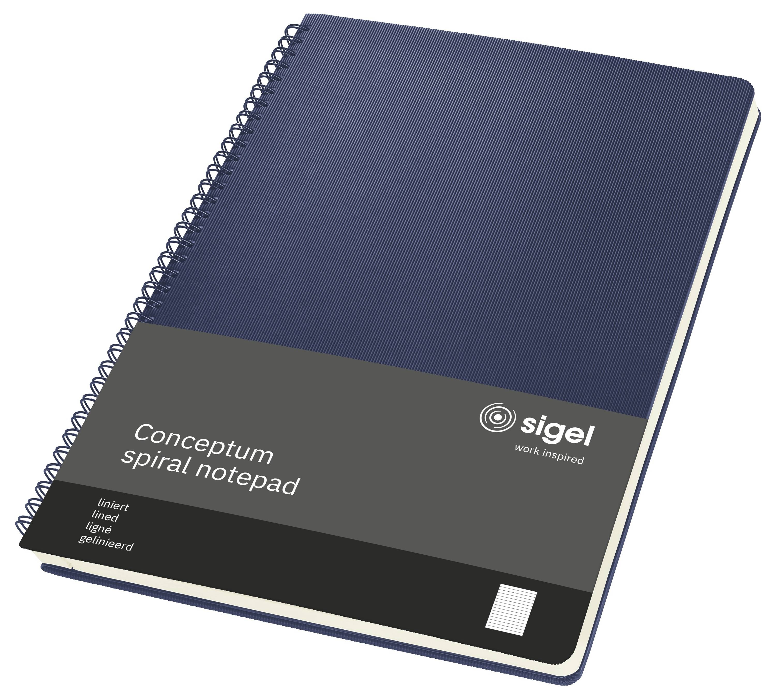 Ein blaues spiralgebundenes liniertes Notizbuch mit der Aufschrift „Conceptum Spiralnotizbuch" und „Sigel" auf dem Umschlag.