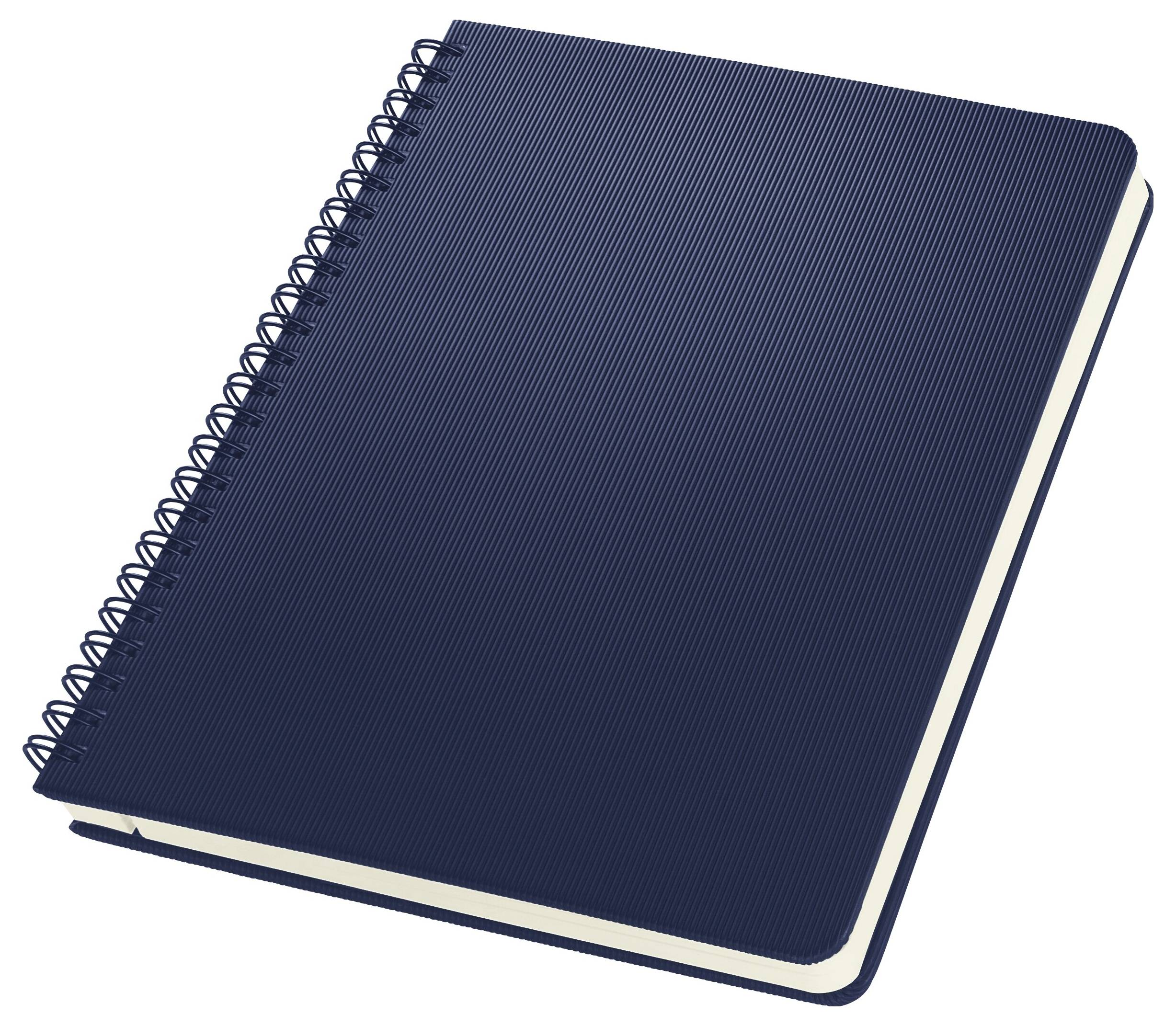 Ein blauer Spiralblock mit strukturierter Oberfläche, geschlossen und aus einer leicht geneigten Perspektive betrachtet.