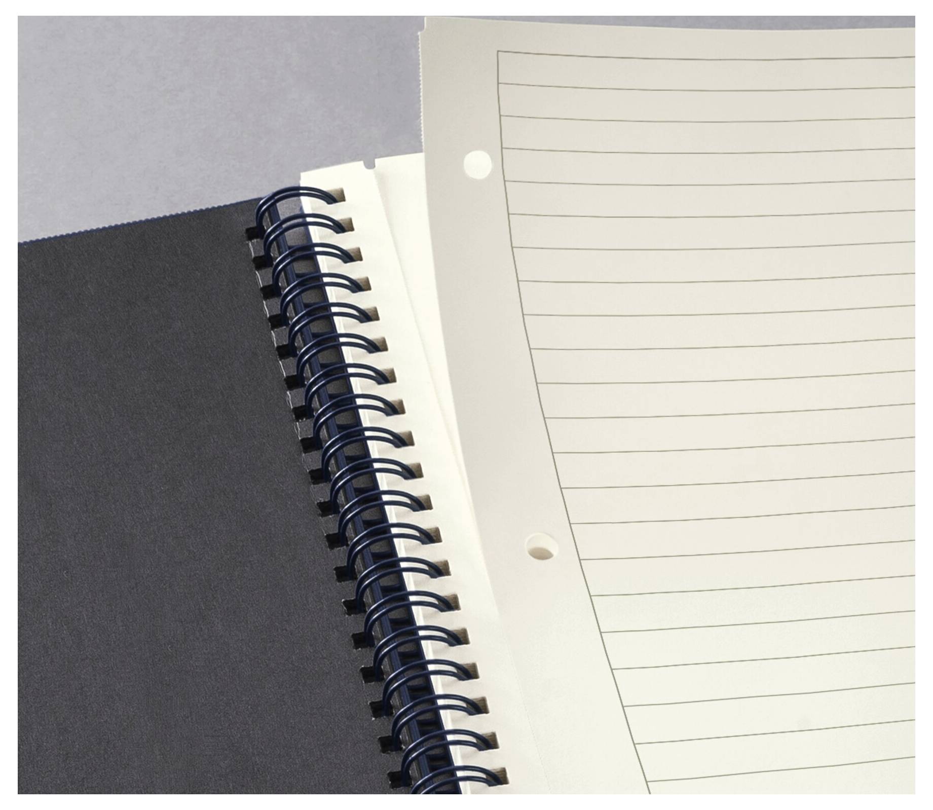 Ein offenes Spiralnotizbuch mit liniertem Papier und schwarzem Einband, das ein sauberes und übersichtliches Aussehen für Notizen aufweist.