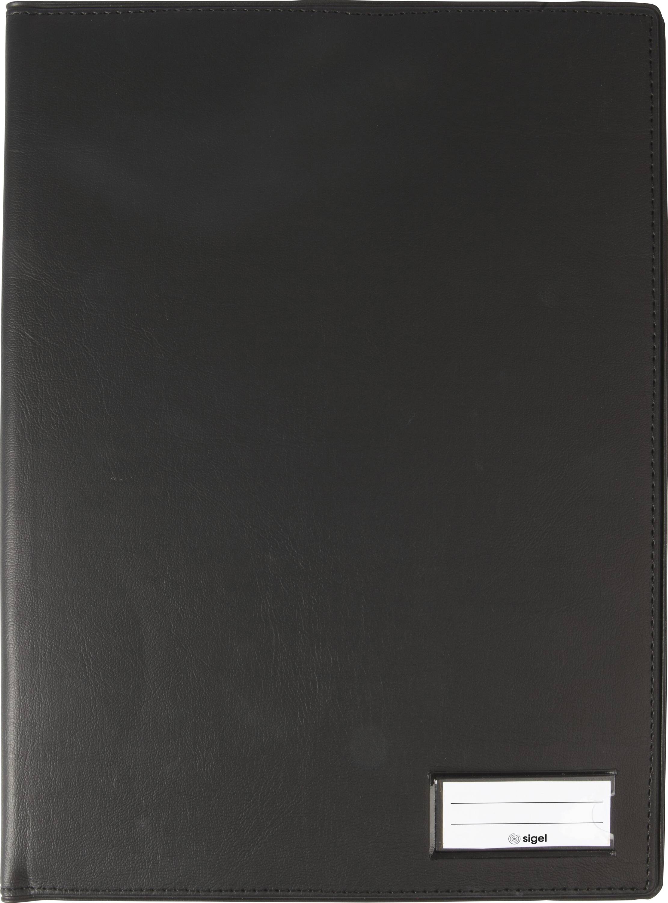 Eine schwarze Ledertasche mit einem kleinen, rechteckigen Etikettenhalter am unteren Rand, der den Markennamen 'sigel' trägt.