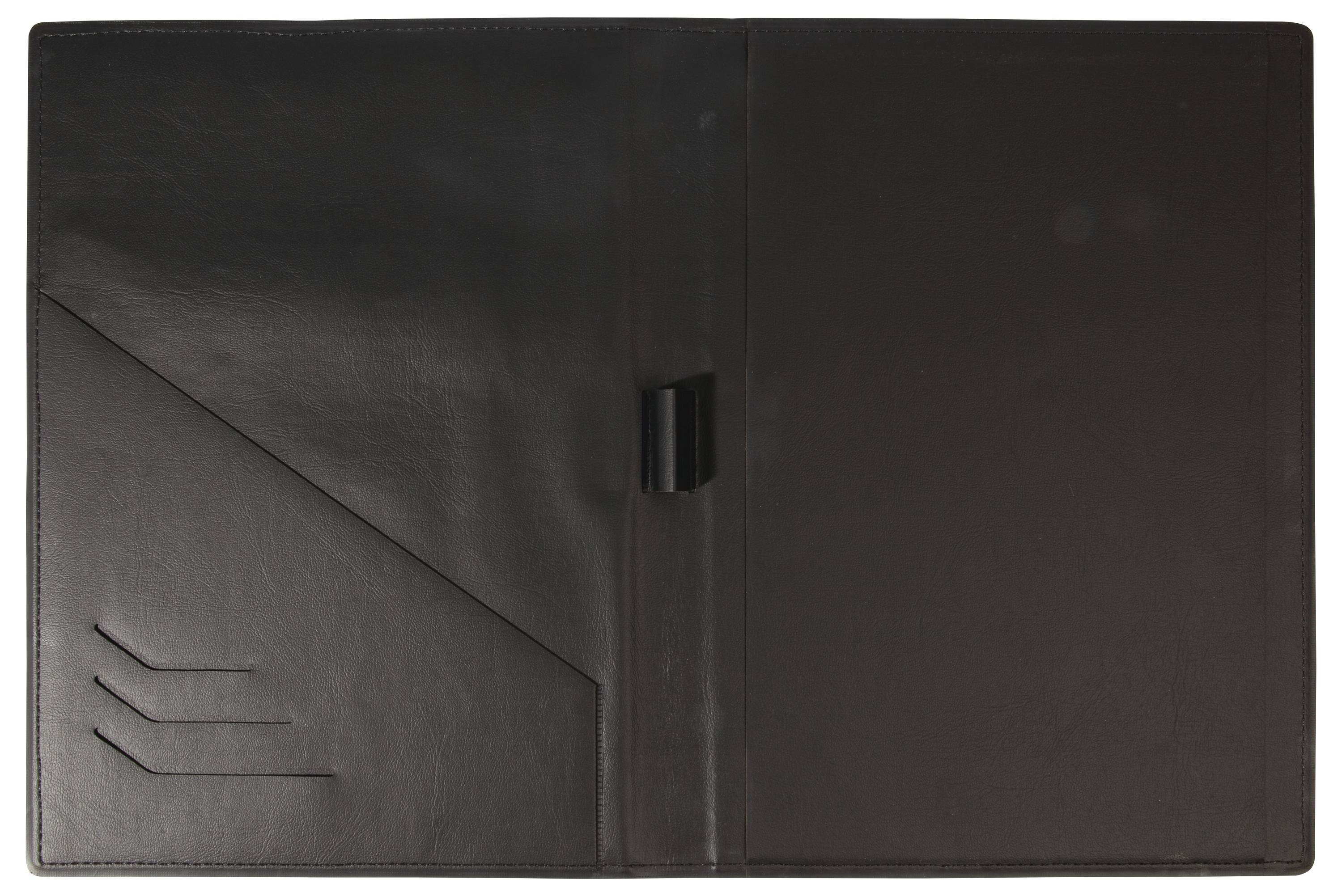 Ein offenes schwarzes Lederportfolio mit Kartenfächern auf der linken Seite und einem zentralen Halter für einen Stift.