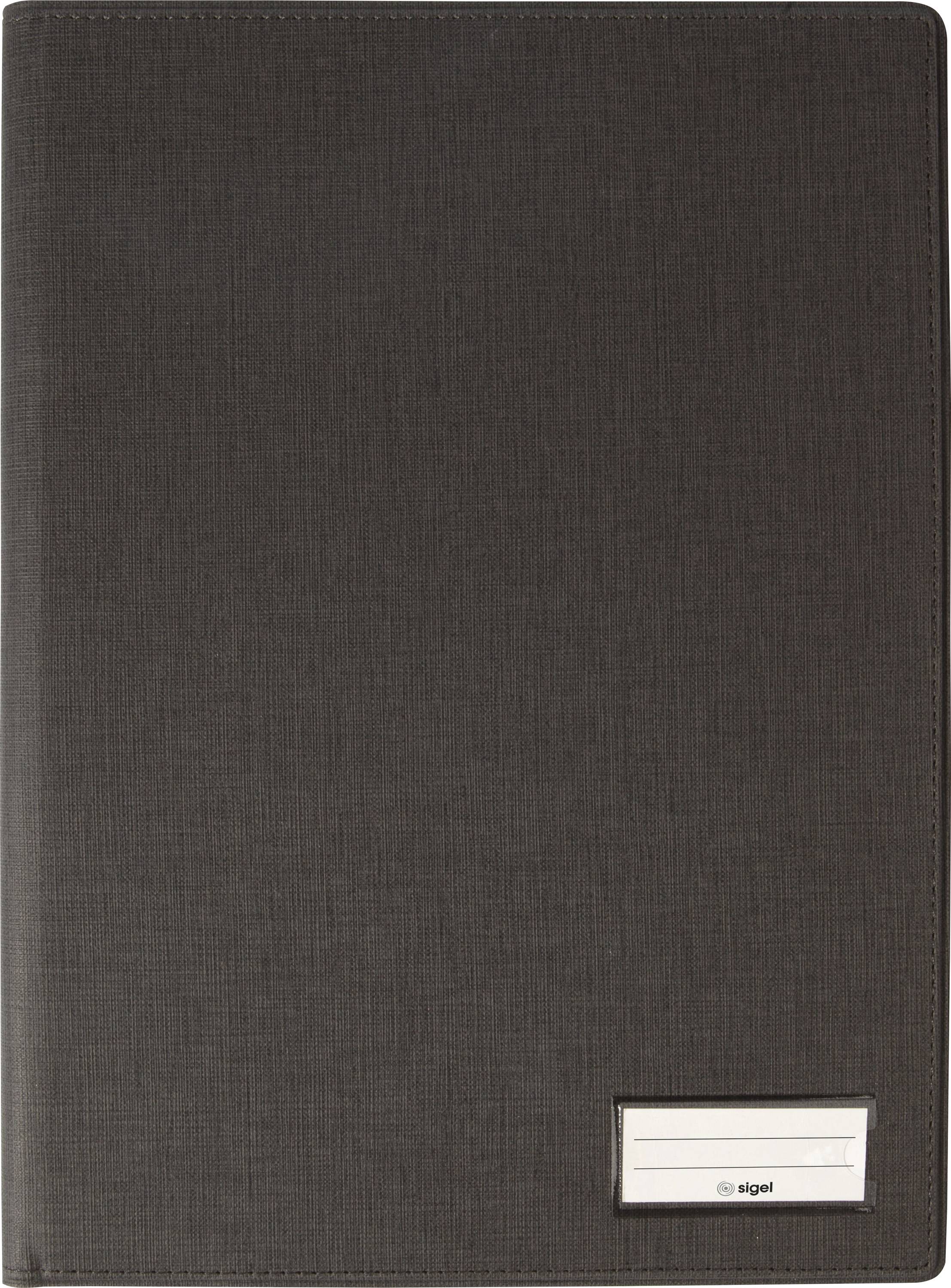 Ein schwarzes, strukturiertes Notizbuch mit einem kleinen weißen Etikett in der unteren rechten Ecke, versehen mit subtilen Rasterlinien für Text, vor einem einfarbigen Hintergrund.