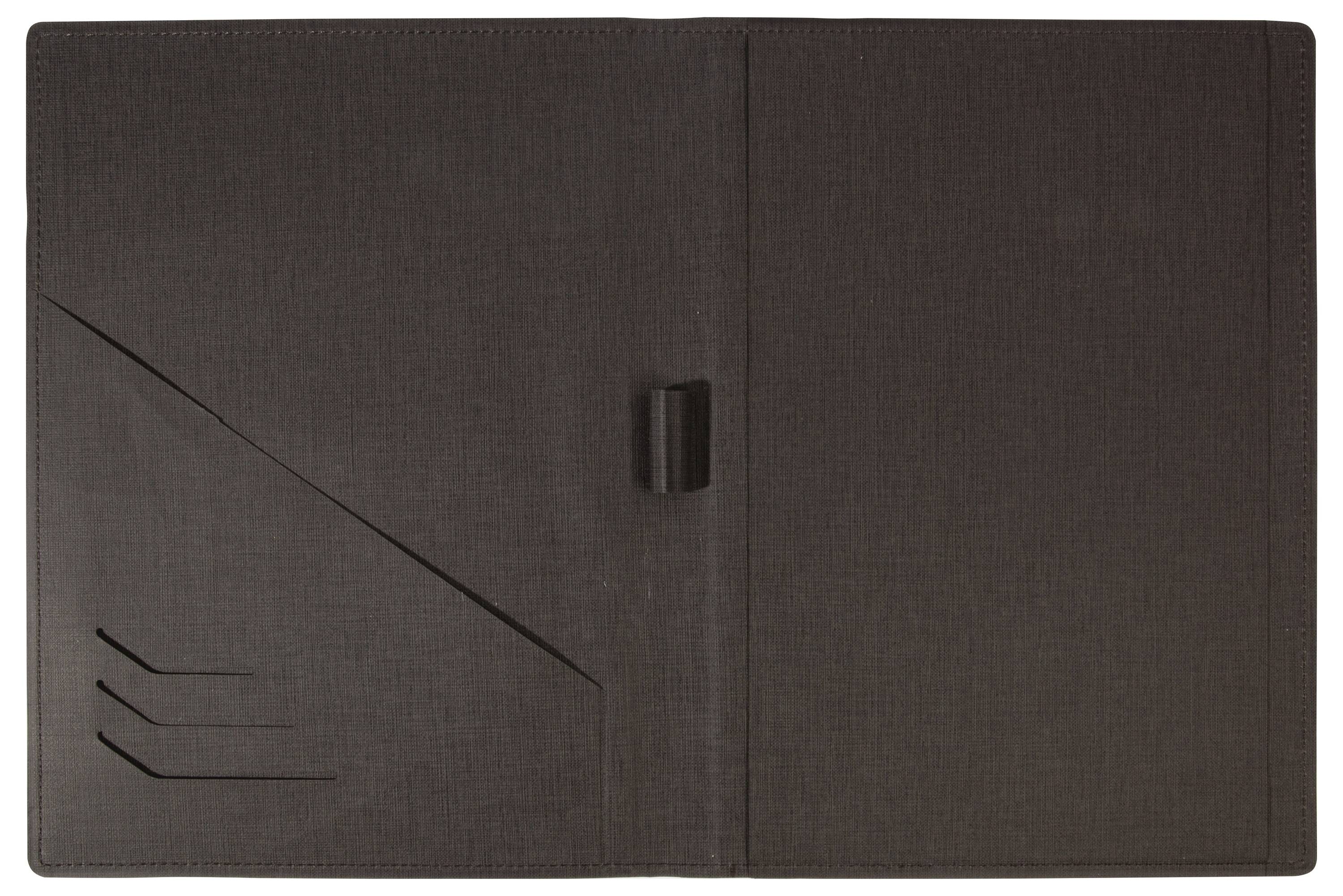 Schwarzen Ordner öffnen mit Dokumentenregister auf der linken Seite und einem Stifthalter in der Mitte.