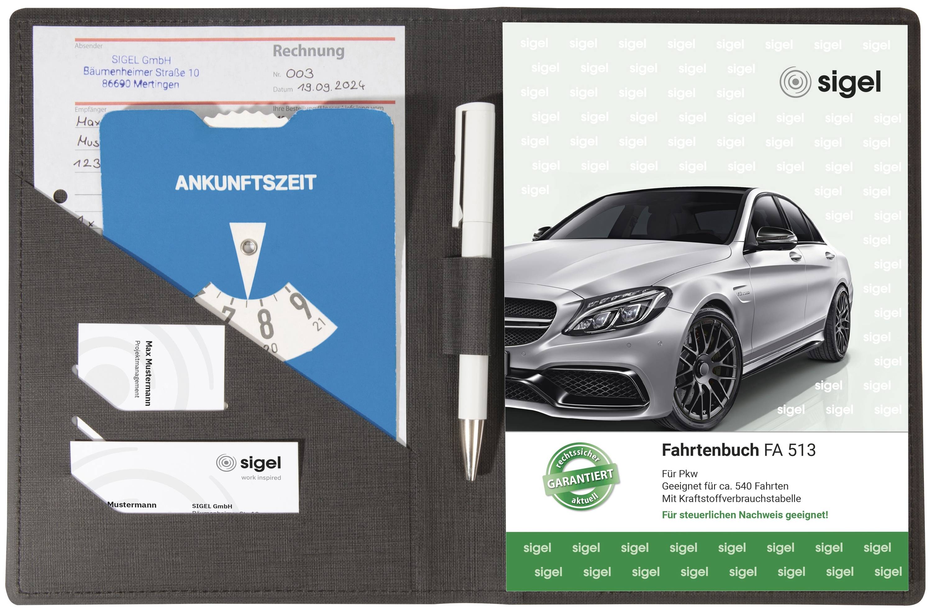 Ordner mit einem Dokument, das ein Bild eines silbernen Autos und den Text 