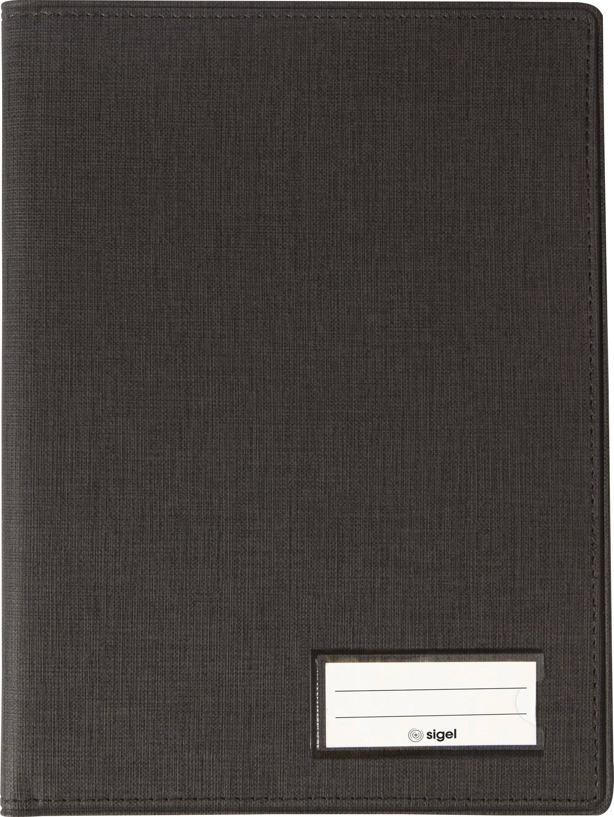 Ein schwarzes Portfoliocover mit einem kleinen Etikett mit Linien zum Beschriften, mit der Markenbezeichnung 'sigel'.