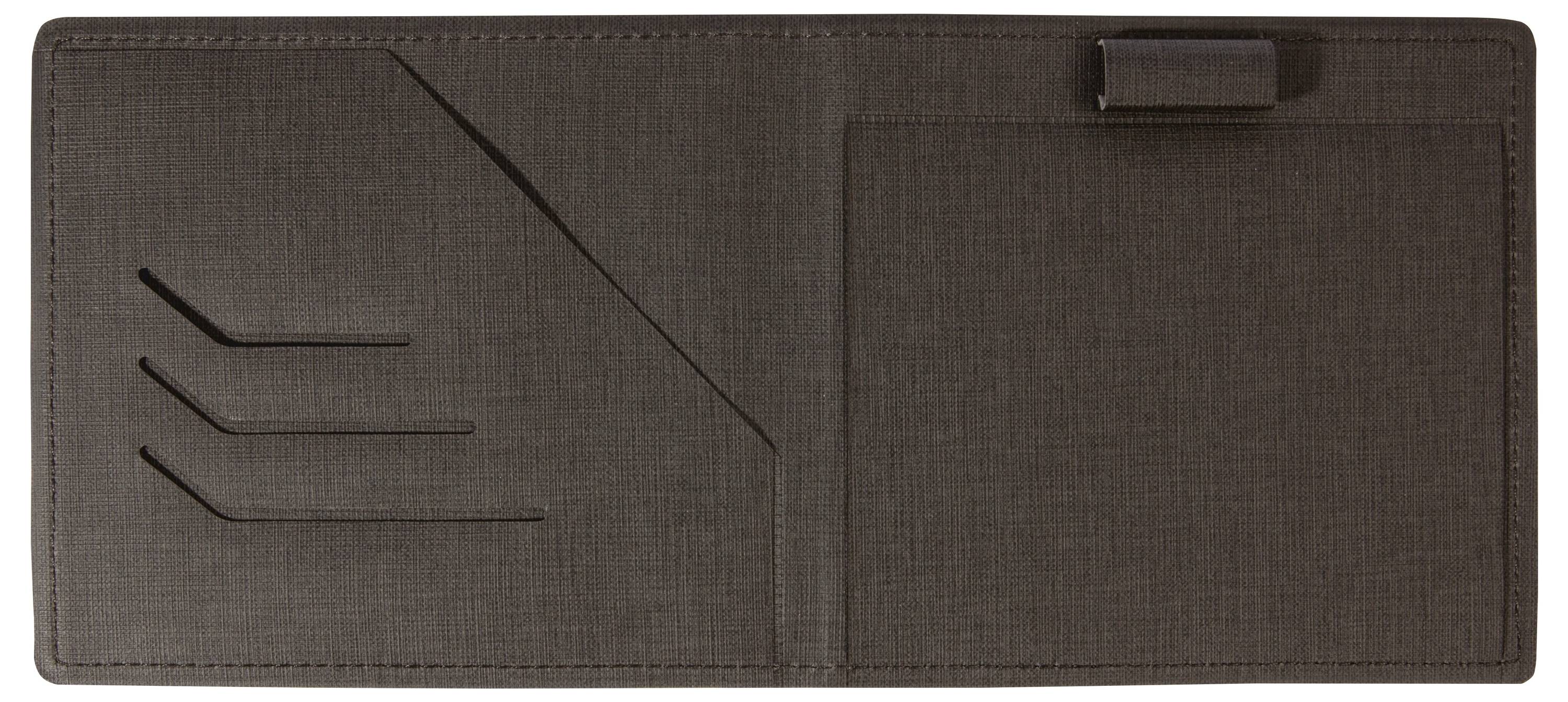 Ein brauner Lederbrieftasche, geöffnet, um drei Kartenfächer auf der linken Seite und eine große Tasche auf der rechten Seite zu zeigen.