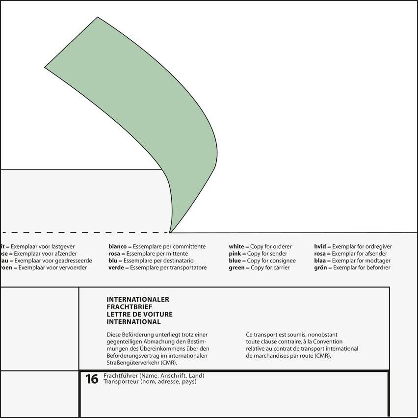 Grüner Pfeil, der nach unten zeigt, umgeben von Text in mehreren Sprachen, der Abschnitte eines Transportdokuments wie ‚für den Empfänger' und ‚für den Spediteur' anzeigt.