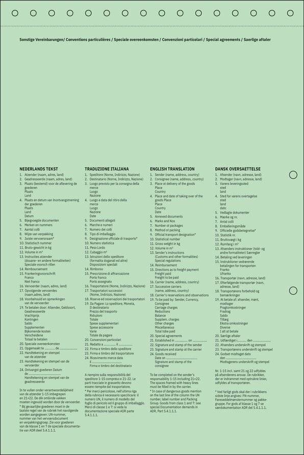 Eine grüne Seite mit Löchern oben listet Gegenstände in vier Sprachen auf: Niederländisch, Italienisch, Englisch und Dänisch. Jede Liste ist von 1 bis 30 nummeriert.