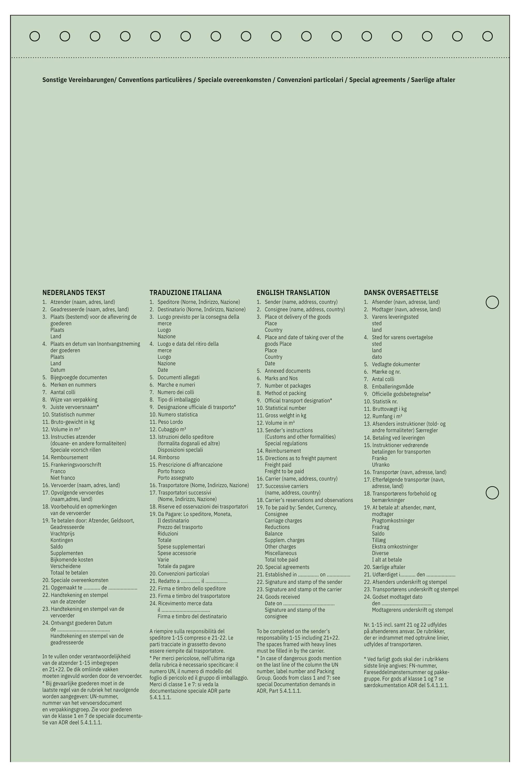 # Mehrsprachiges Eisenbahn-Sonderbedingungenplakat mit vier Spalten kleingedruckter Text: Norwegische, französische, englische und dänische Tarife und Reisebedingungen auf hellgrünem Hintergrund.