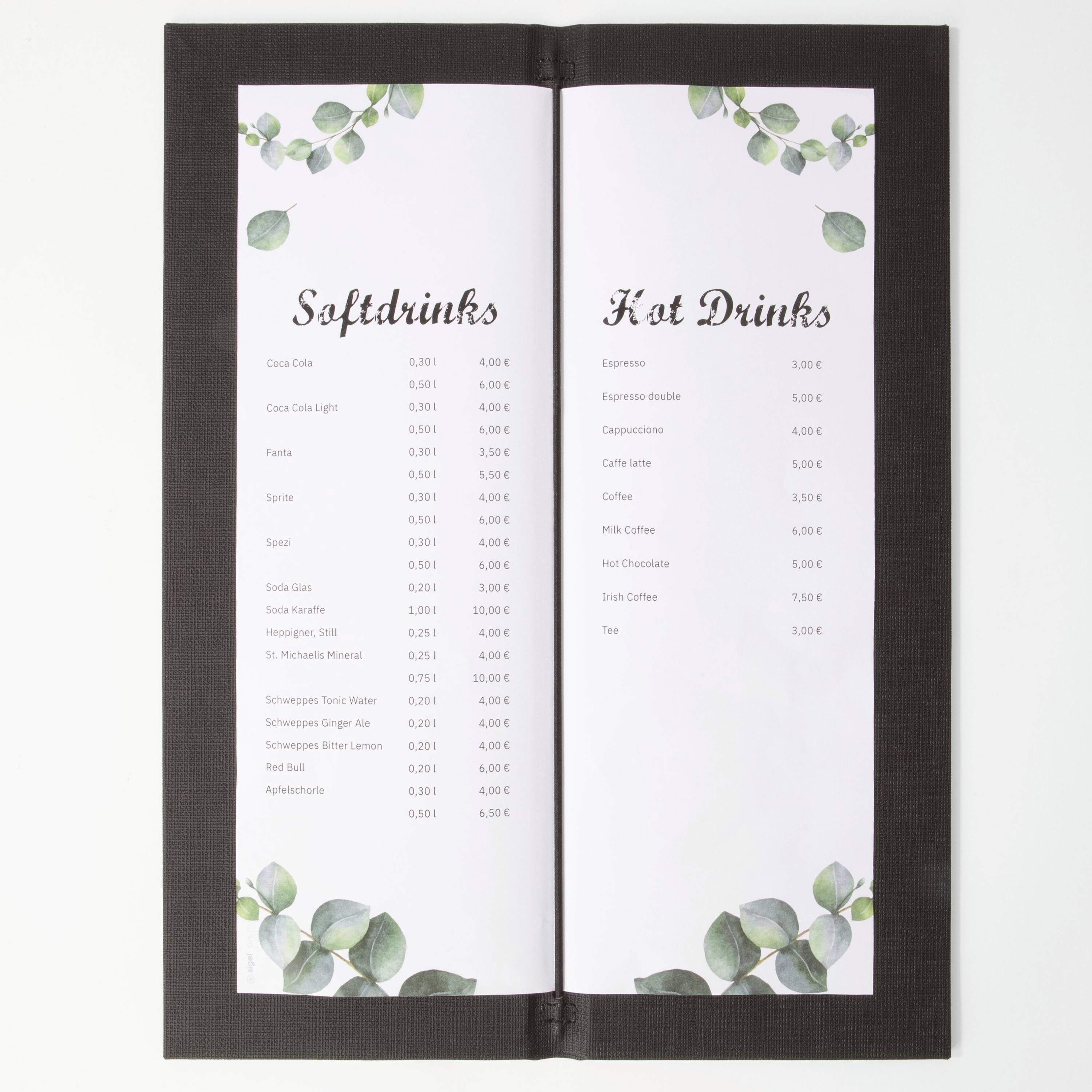 Softgetränke und Heißgetränke<br><br>Softgetränke:<br>- Coca Cola: 2,50 EUR<br>- Sprite: 2,50 EUR<br><br>Heißgetränke:<br>- Espresso: 2,20 EUR<br>- Cappuccino: 3,00 EUR<br>- Tee: 2,50 EUR<br><br>[Dekoration: Eukalyptuszweige]