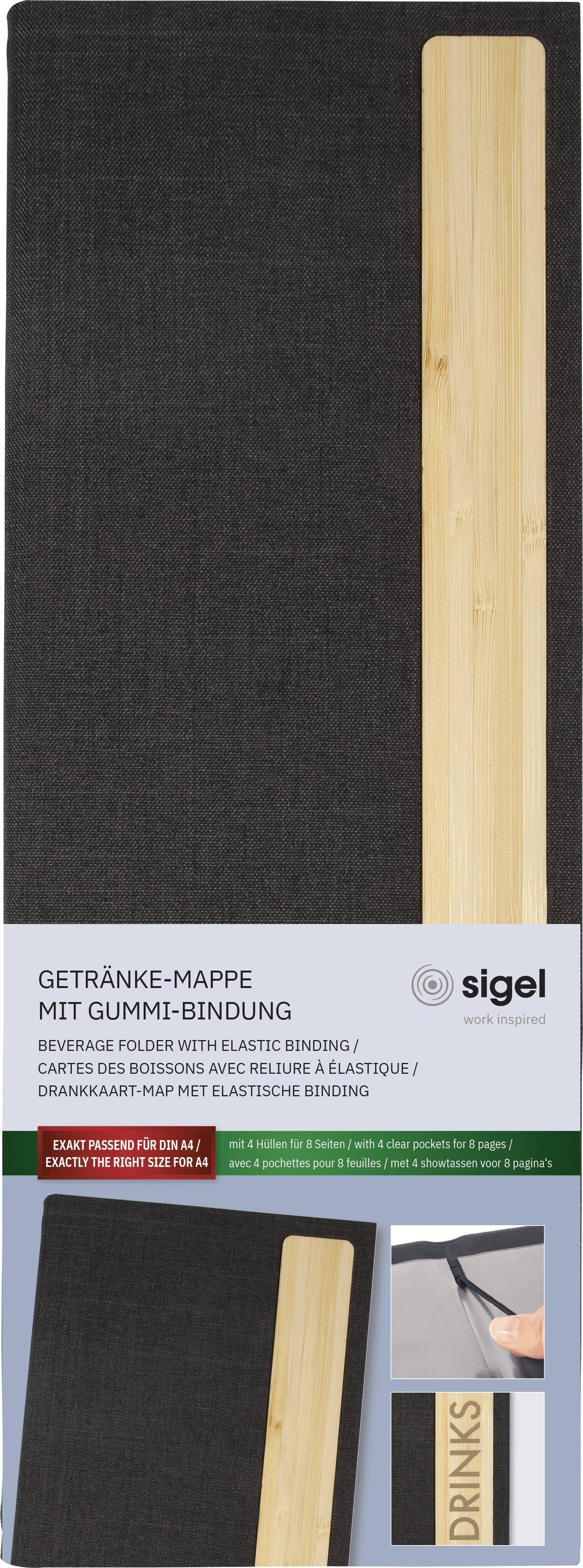 Getränke-Mappe mit Gummi-Bindung, die einen schwarzen Umschlag mit Bambusdetail und elastischer Bindung präsentiert.
