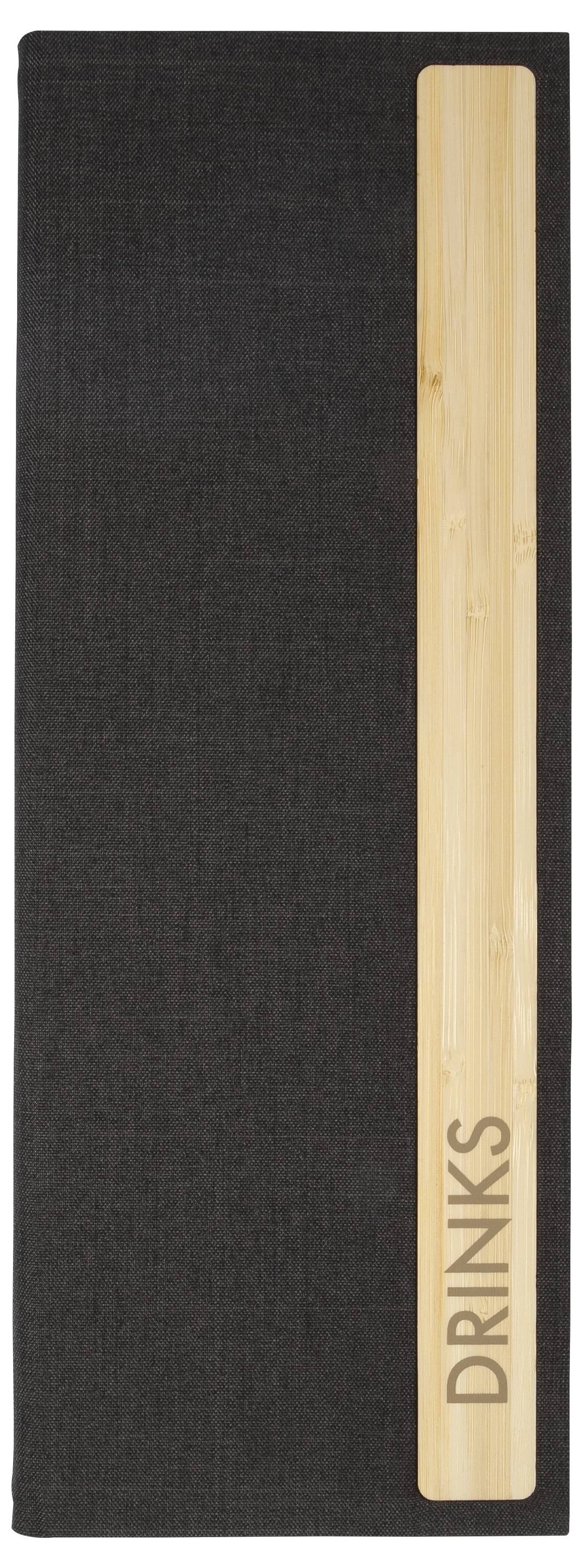 Ein schwarzes rechteckiges Brett mit einem Holzstreifen auf der rechten Seite, beschriftet mit 'GETRÄNKE'.