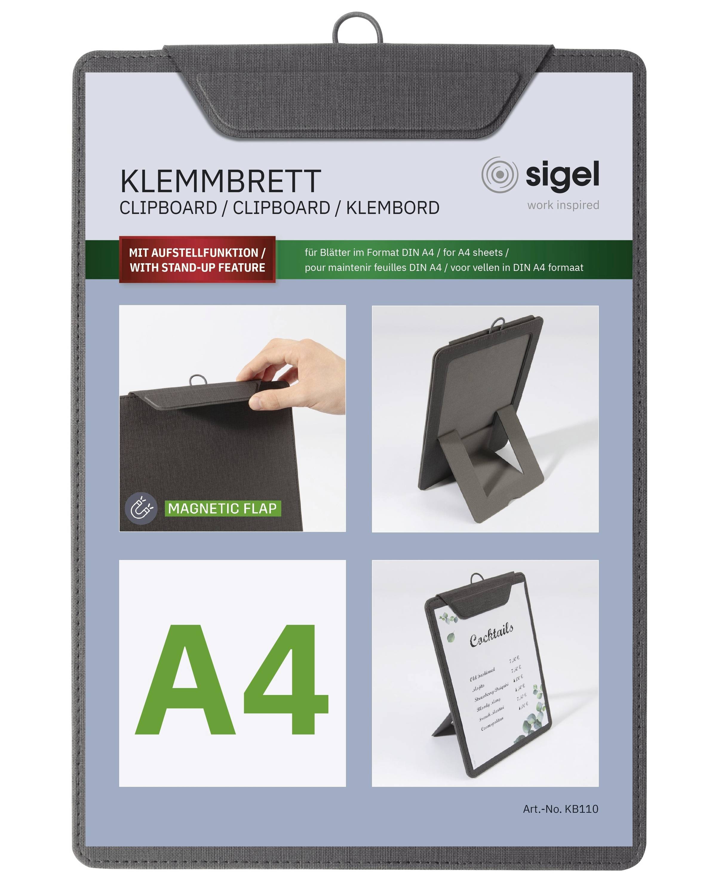 Klemmbrett mit Aufstellfunktion und magnetischer Klappe, konzipiert zum Halten von A4-Blättern.
