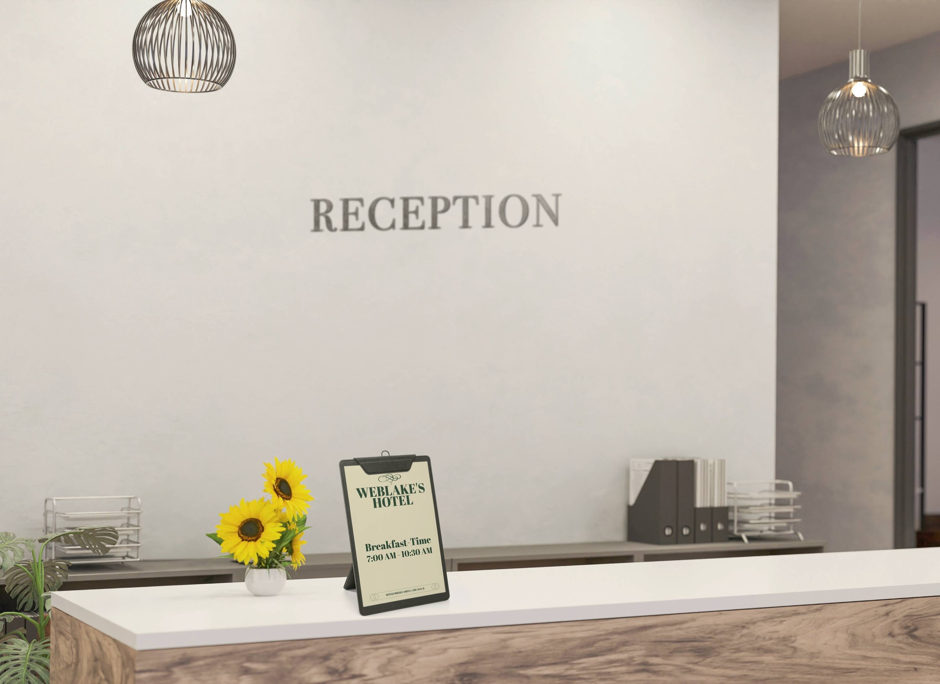 Rezeption mit einem Schild, auf dem 