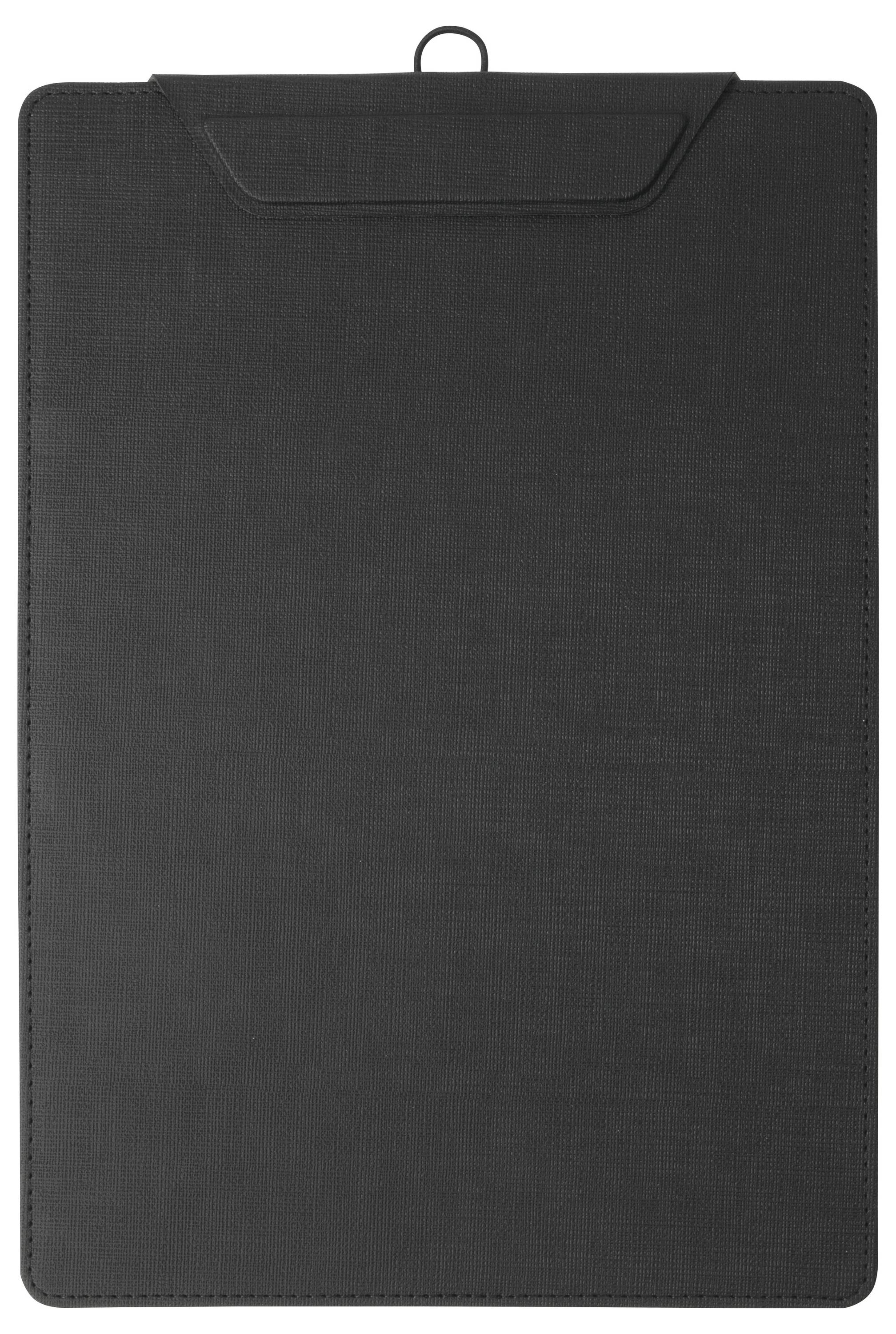 Eine schwarze Klemmbrett mit rechteckiger Form, versehen mit einem Haken oben zum Aufhängen.