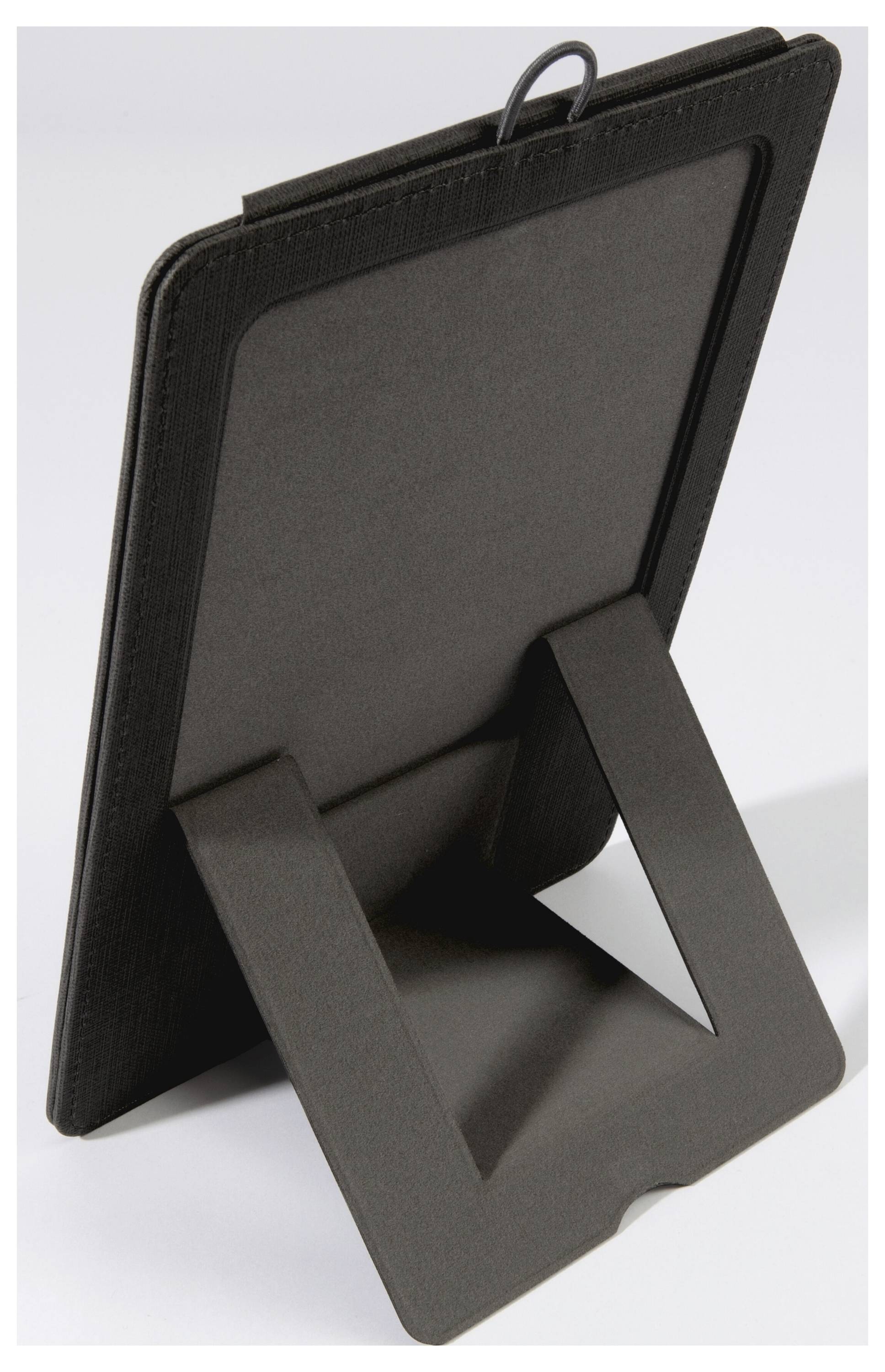 Eine schwarze Folio-Hülle mit einem Ständer, von hinten gezeigt. Der Ständer hält die Hülle aufrecht, vermutlich zur Nutzung mit einem Tablet oder E-Reader.
