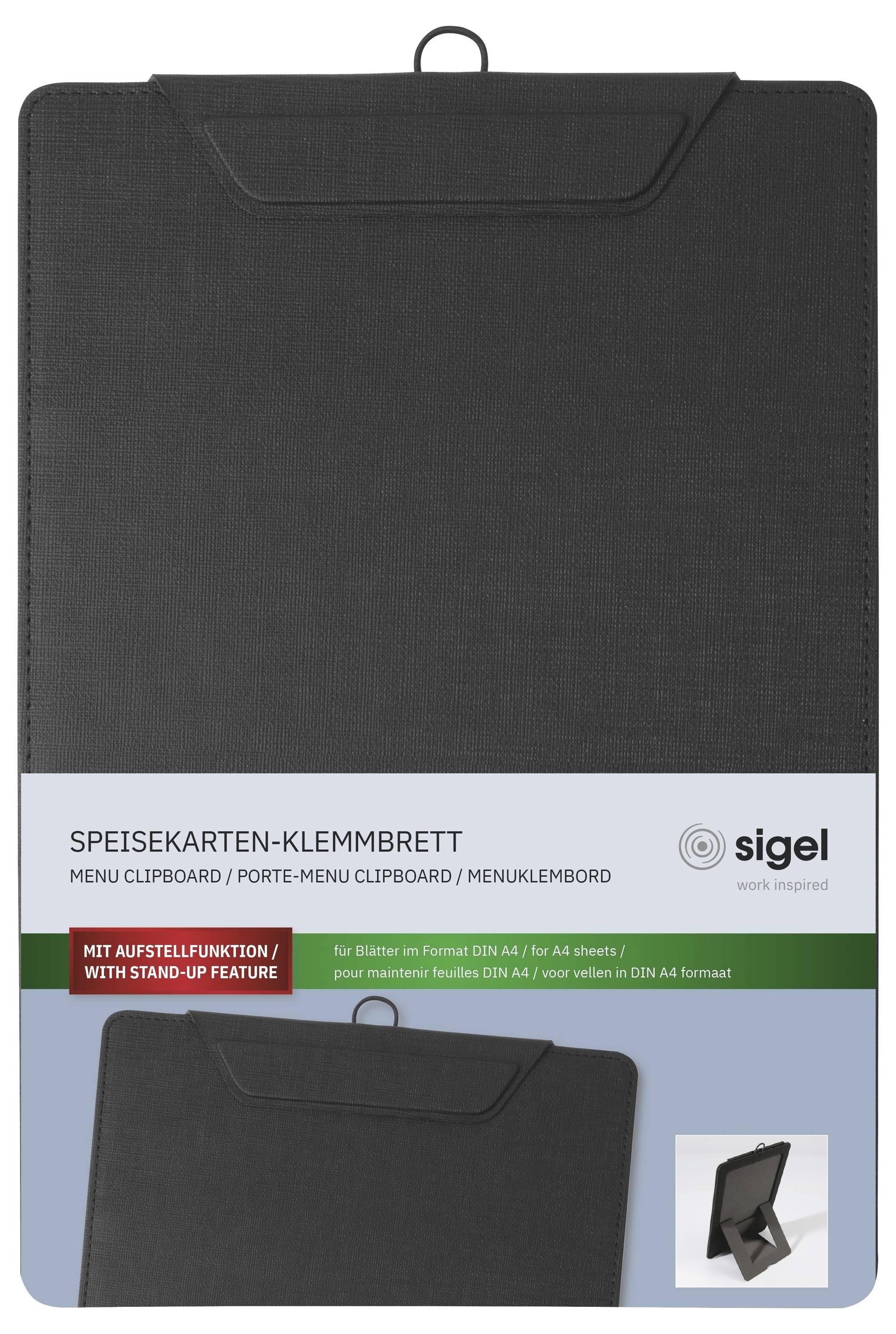Schwarze Menüklemmmappe von Sigel mit Aufsteller-Funktion, abgebildet auf der Produktverpackung mit gekennzeichneter Vorderseite und kleinem eingeklapptem Staffeleinsatz.