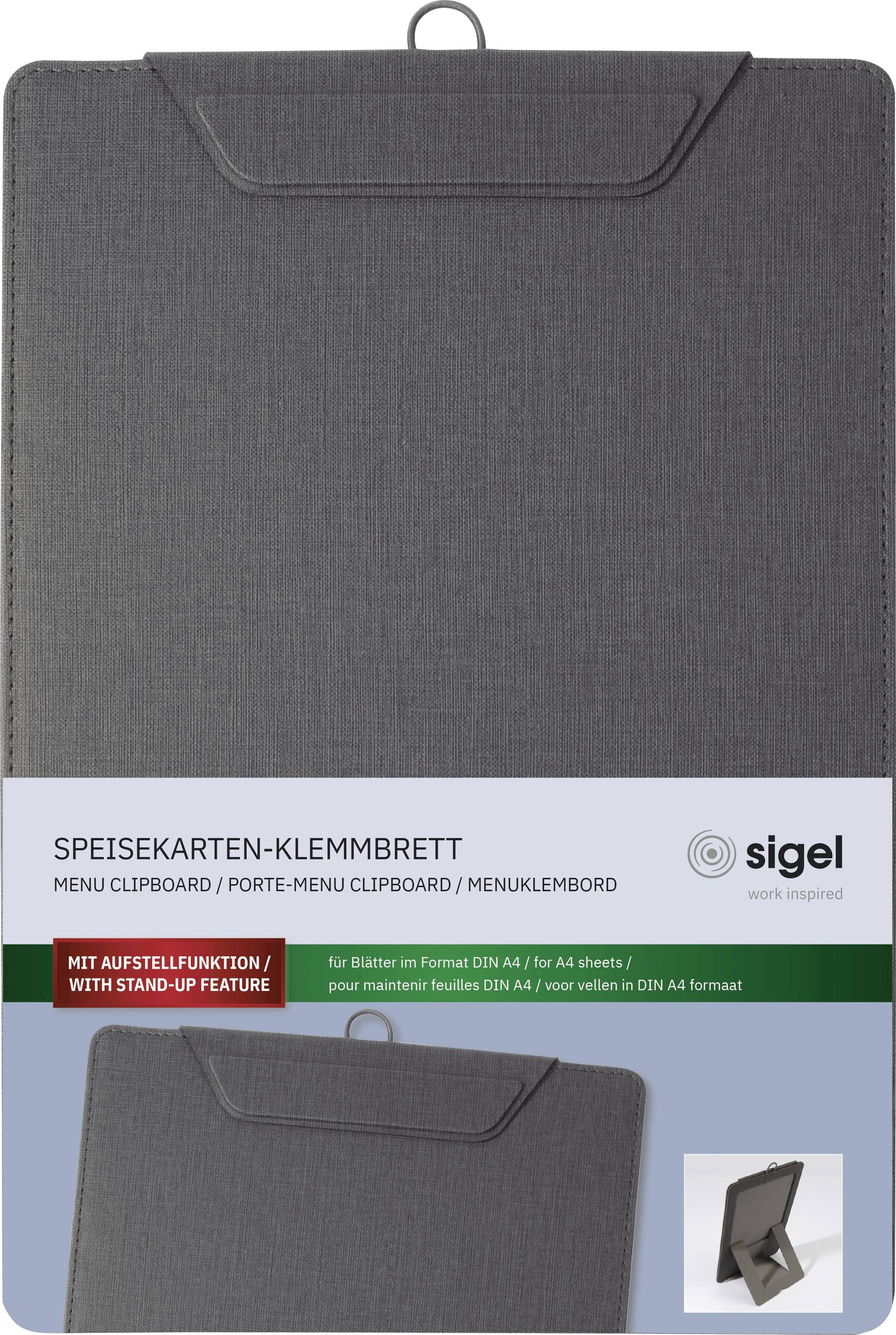 Speisekarten-Klemmbrett mit Aufstellfunktion, für A4-Blätter. Graue Farbe, aufrecht stehend. Marke: sigel.