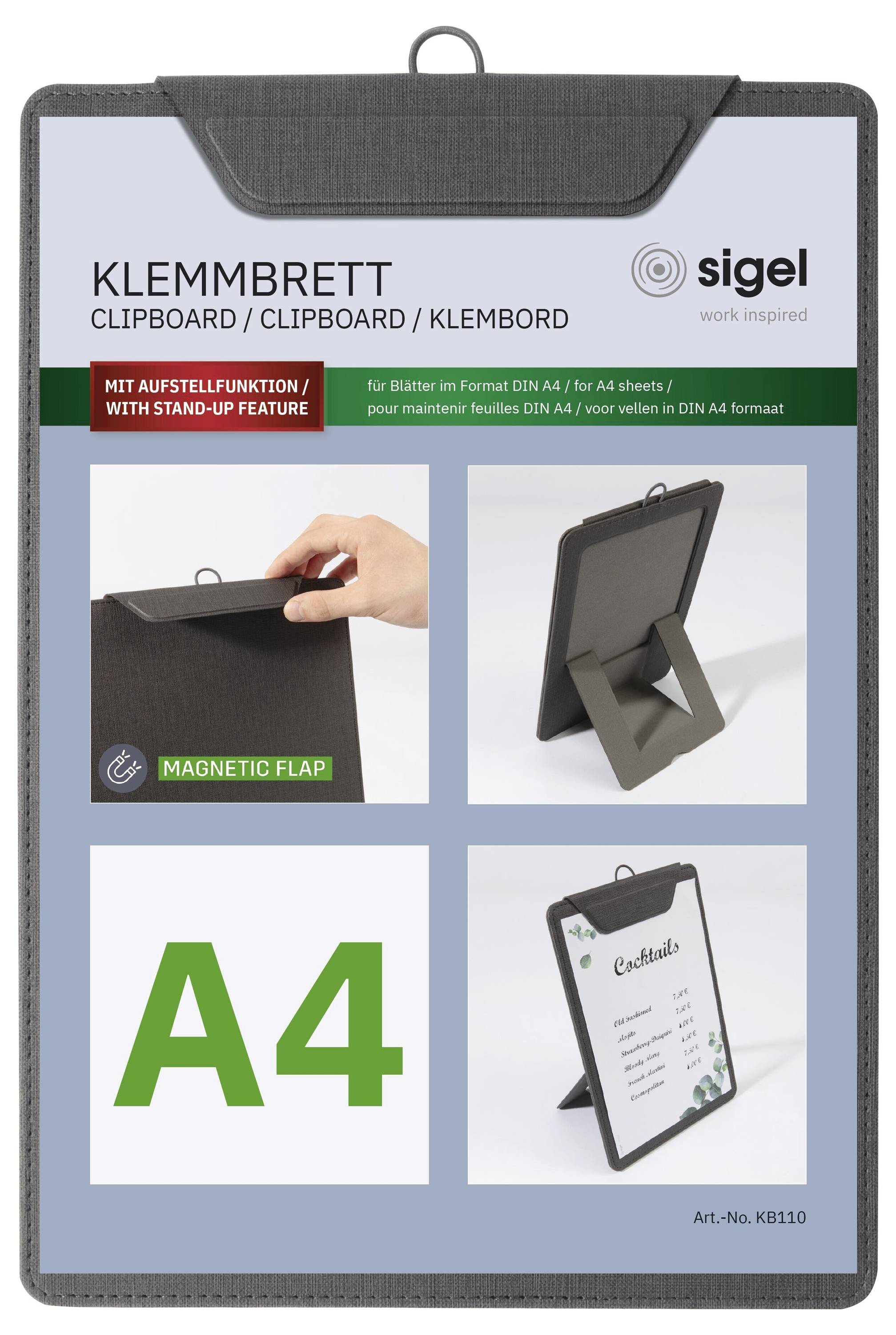 Paket für Sigel Klemmbrett mit magnetischer Klappe und Stützfunktion, gezeigt in A4-Größe und Produktfotos.
