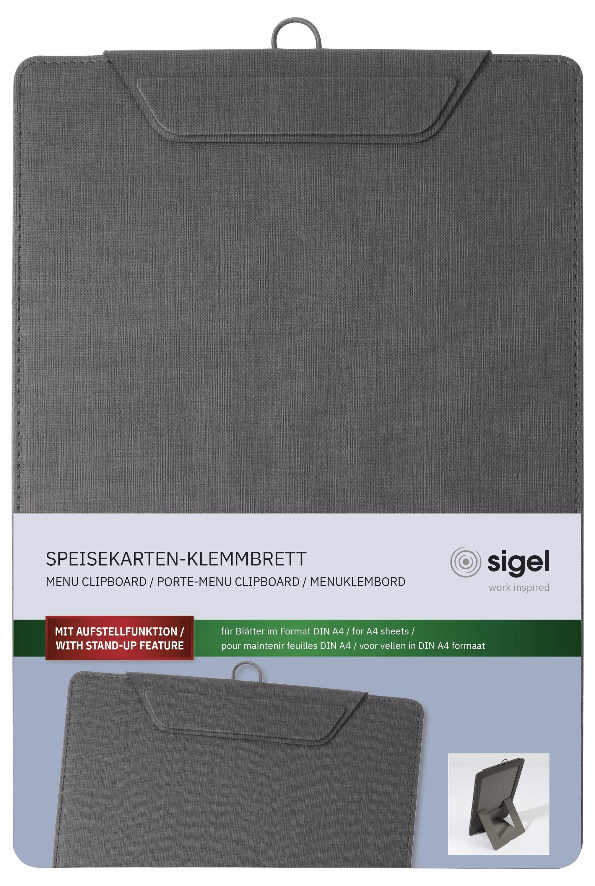 Graues Stoff-Menü-Klemmbrett mit Aufsteller-Funktion, abgebildet mit Verpackung mit der Beschriftung „Speisekarten-Klemmbrett" von sigel.