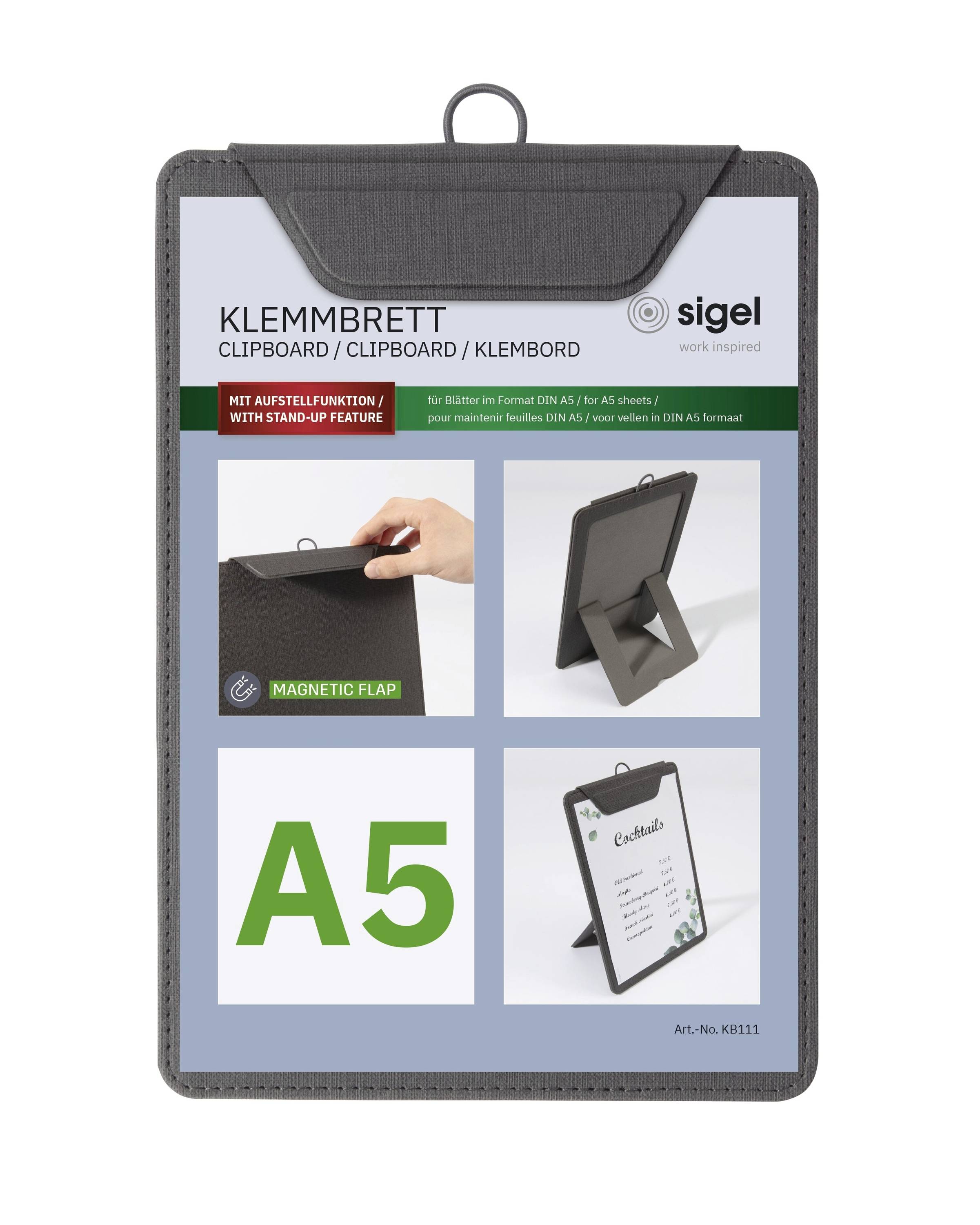 DIN A5-Klemmbrett mit Aufstellfunktion, magnetischer Klappe und Beispiel für die Nutzung als Fotohalter.