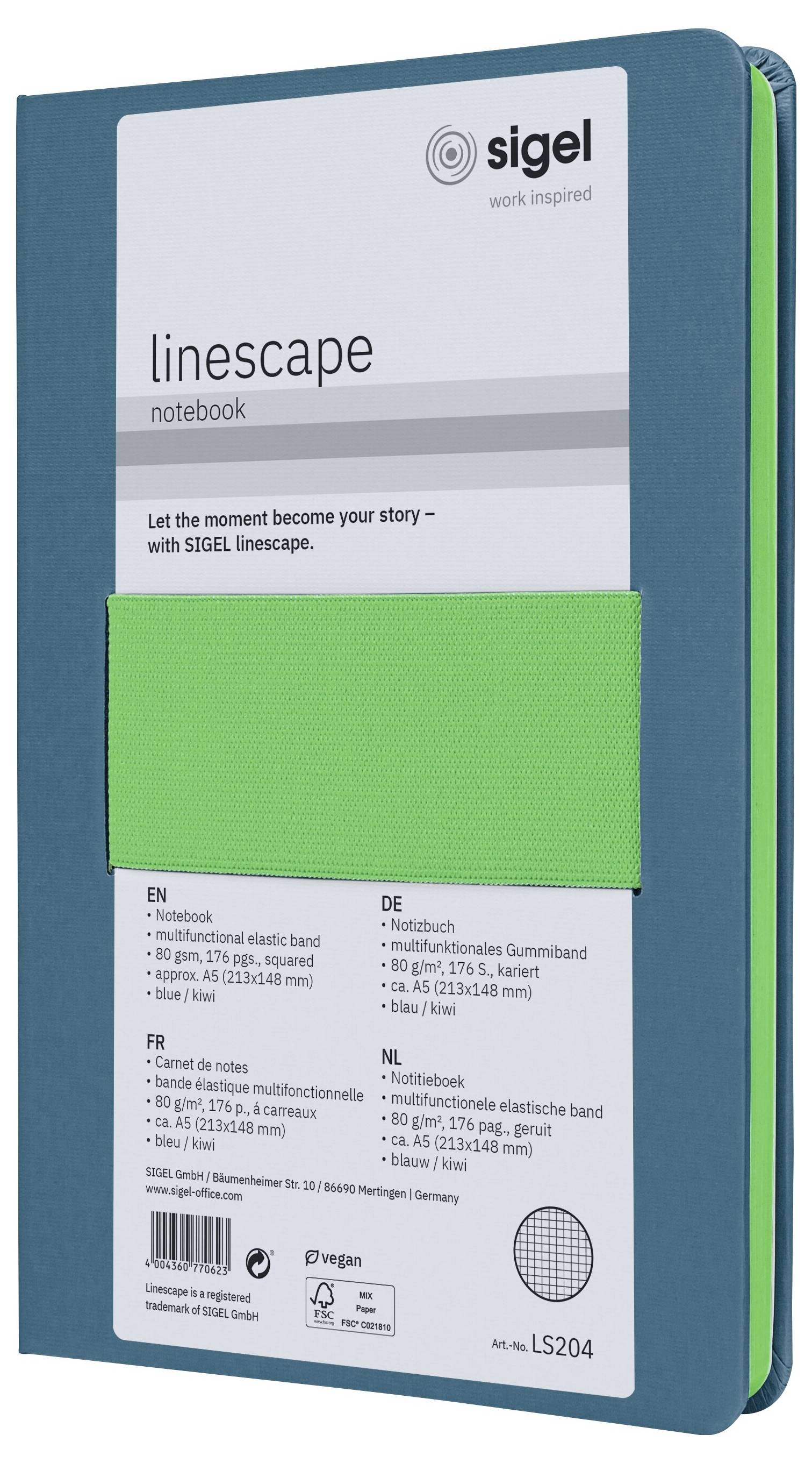 Sigel LS204 Notizbuch Linescape Hardcover DIN A5 kariert Mittelblau, Neongrün Anzahl der Blätter: 88