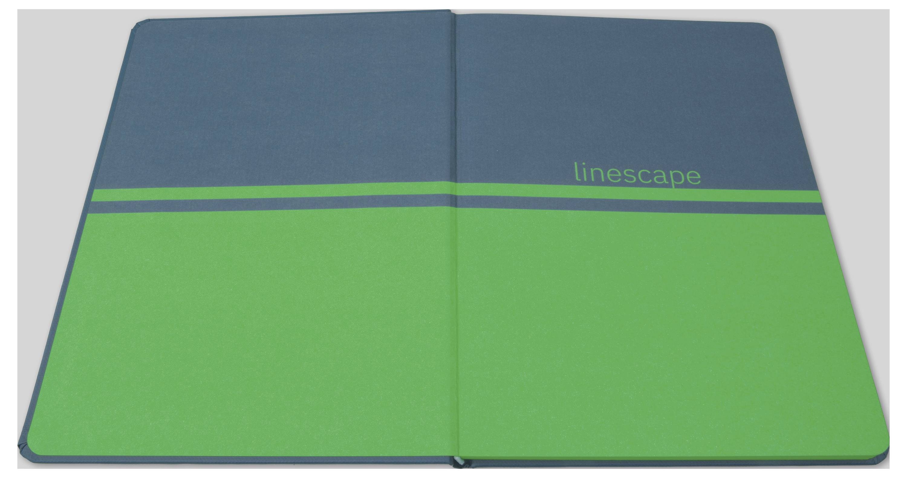 Offenes blaugrünes Notizbuch-Cover mit dem Wort „linescape" auf der Vorderseite gedruckt.