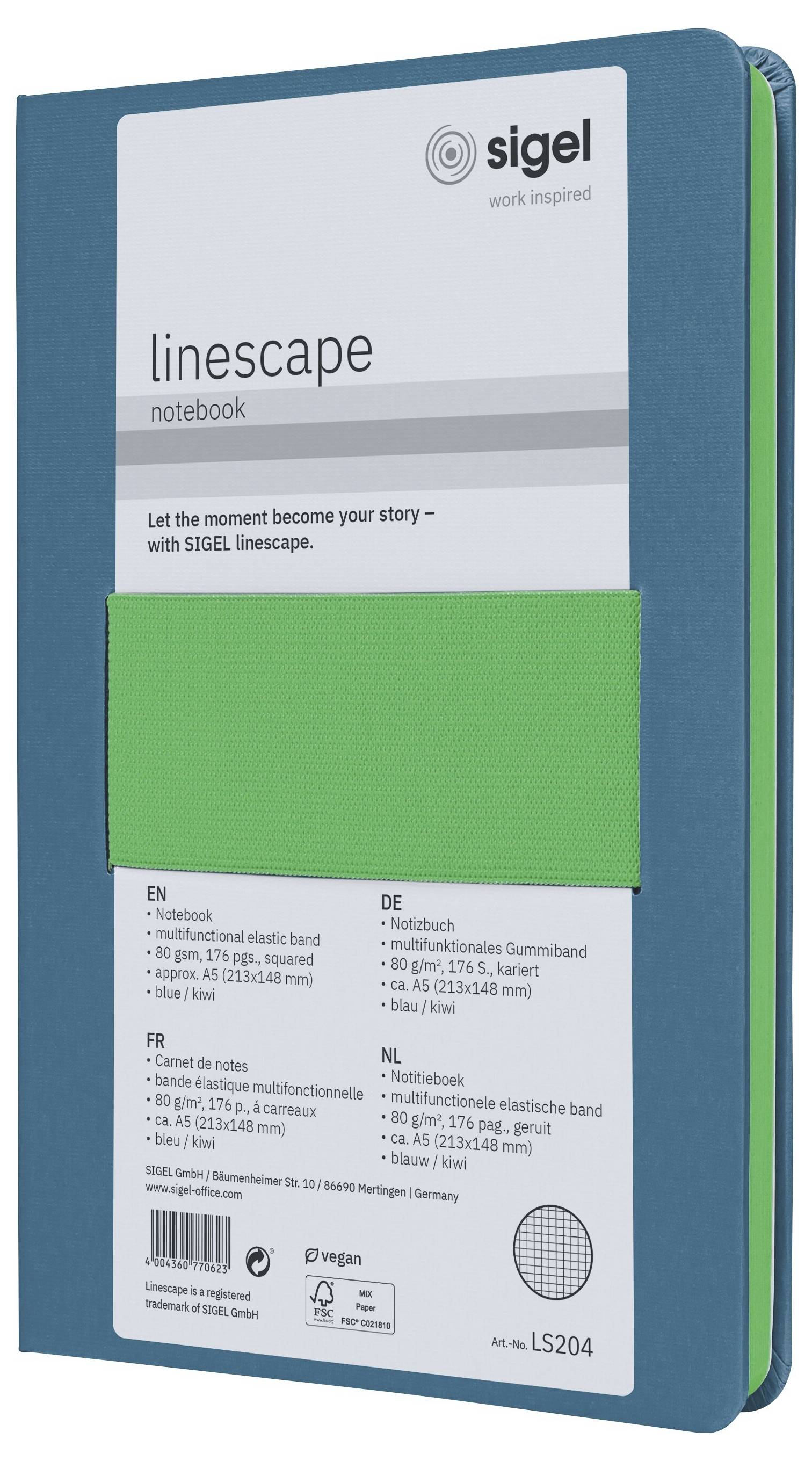 SIGEL Linescape Notizbuch mit petrolblauem Umschlag, grauem Vorderetikett und leuchtend grünem Gummiband-Verschluss.