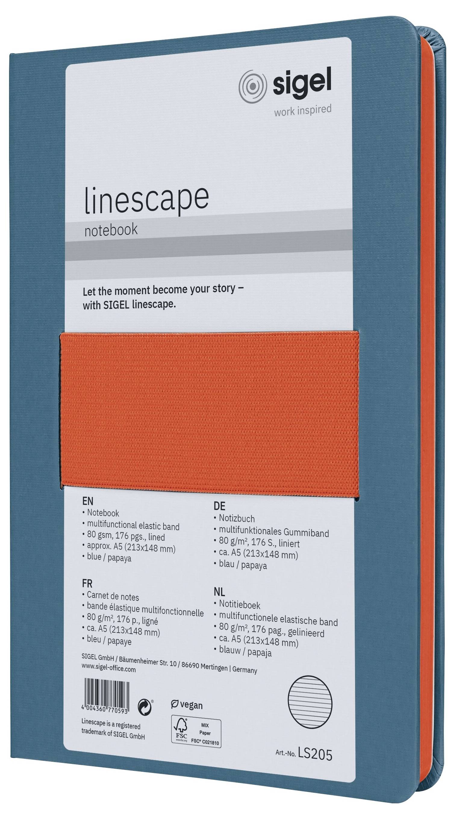 Sigel LS205 Notizbuch Linescape Hardcover DIN A5 liniert Mittelblau, Neonorange Anzahl der Blätter: 88