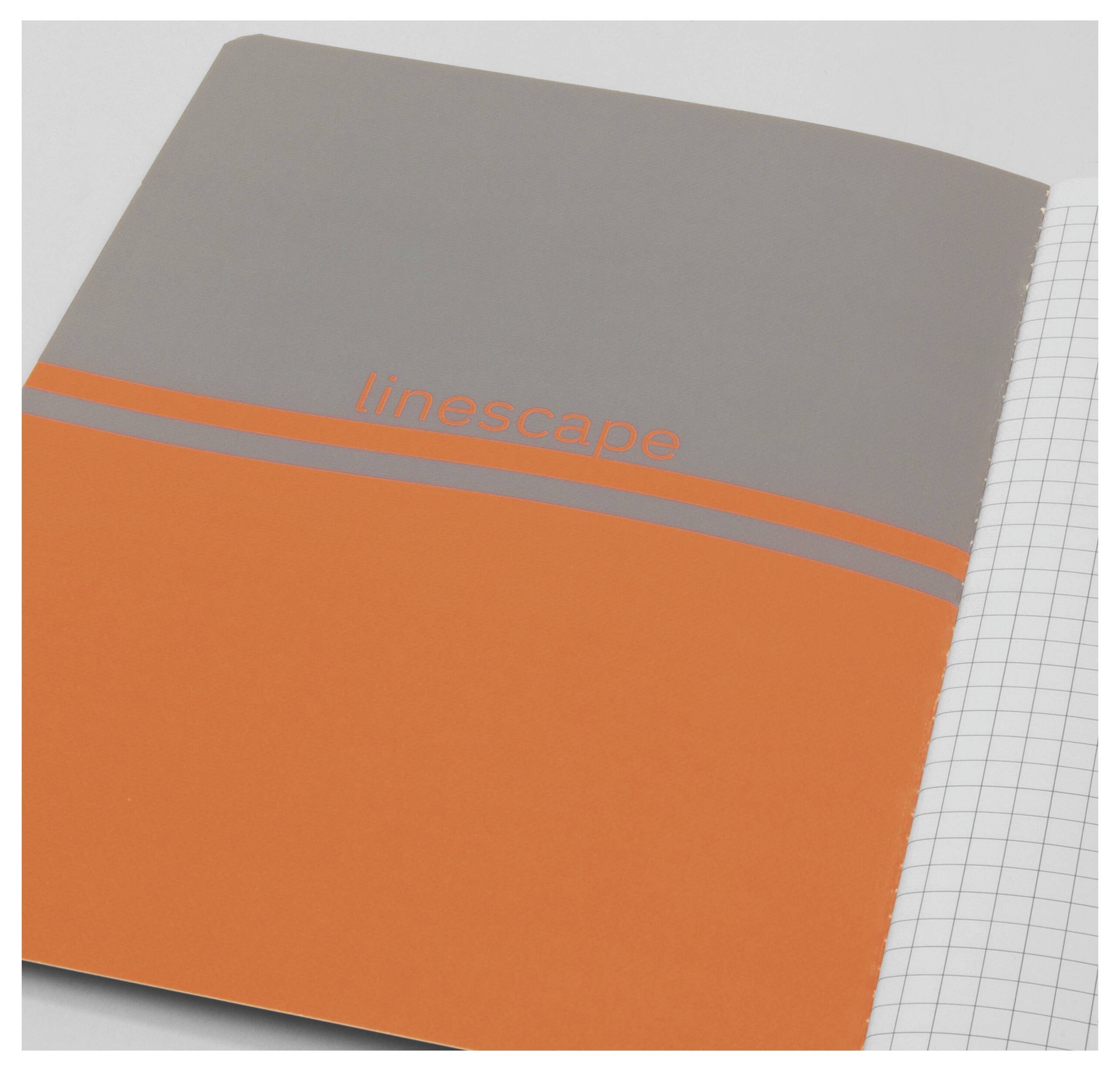 Orange und grau gestalteter „Linescape"-Notizbuchdeckel mit Millimeterpapierseiten, die auf der rechten Seite sichtbar sind.